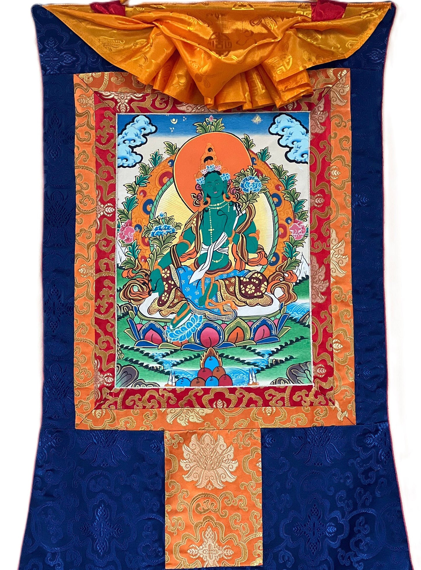 Green Tara/Shyamatara/ Mother Goddess Tibetan Thangka Painting Original Buddhist Art with Silk Brocade