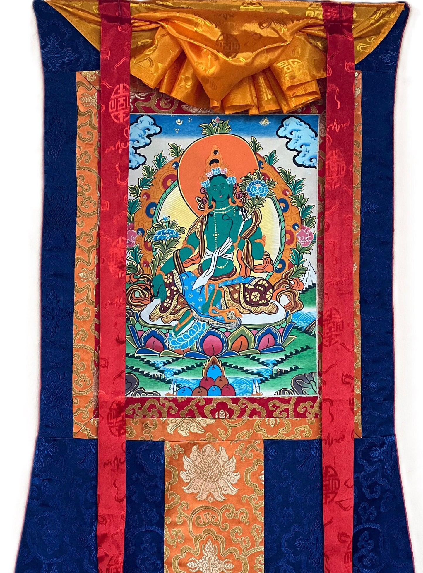 Green Tara/Shyamatara/ Mother Goddess Tibetan Thangka Painting Original Buddhist Art with Silk Brocade