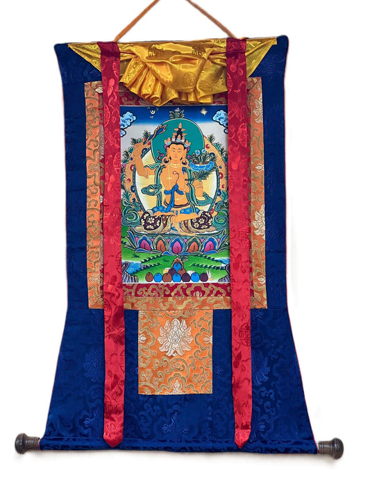 Manjushri/ Manjusri/ Manjushree Master Quality Hand-painted, Original Tibetan Thangka Painting, Compassion, Meditation Art With Silk Brocade