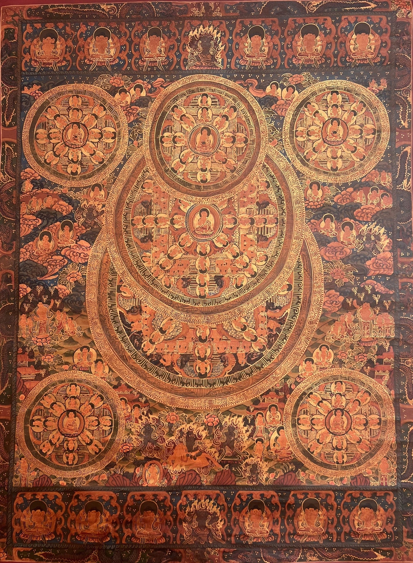 5 Buddha Big Circle Mandala Master Quality Oil-Varnished Tibetan Thangka  Painting Original Art/Wall Hanging for Shrine, Home or Office