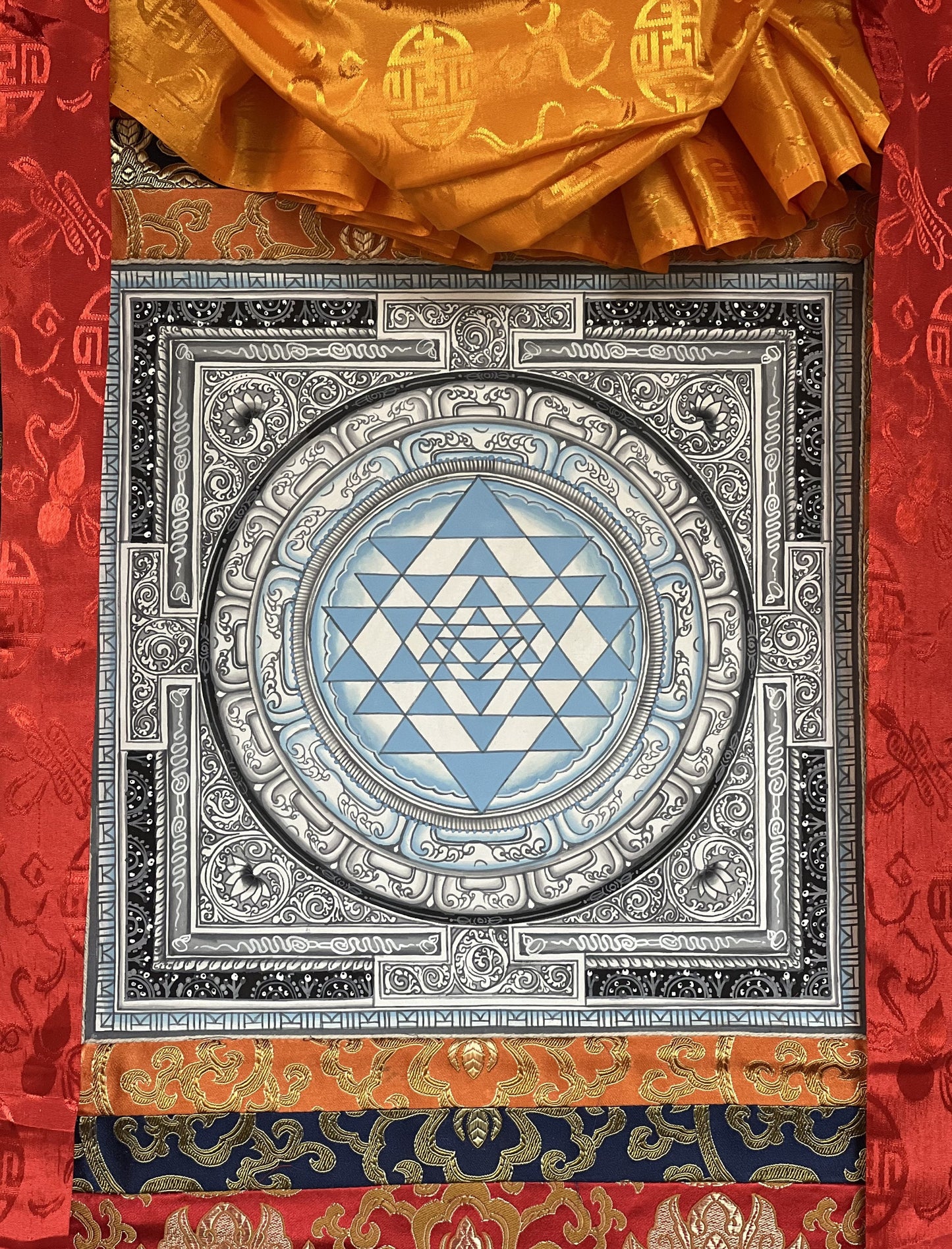 Hand Painted Shri Yantra or Shri Chakara Mandala Newari Paubha/Pauva Thangka Painting Original Art for Positivity Energy