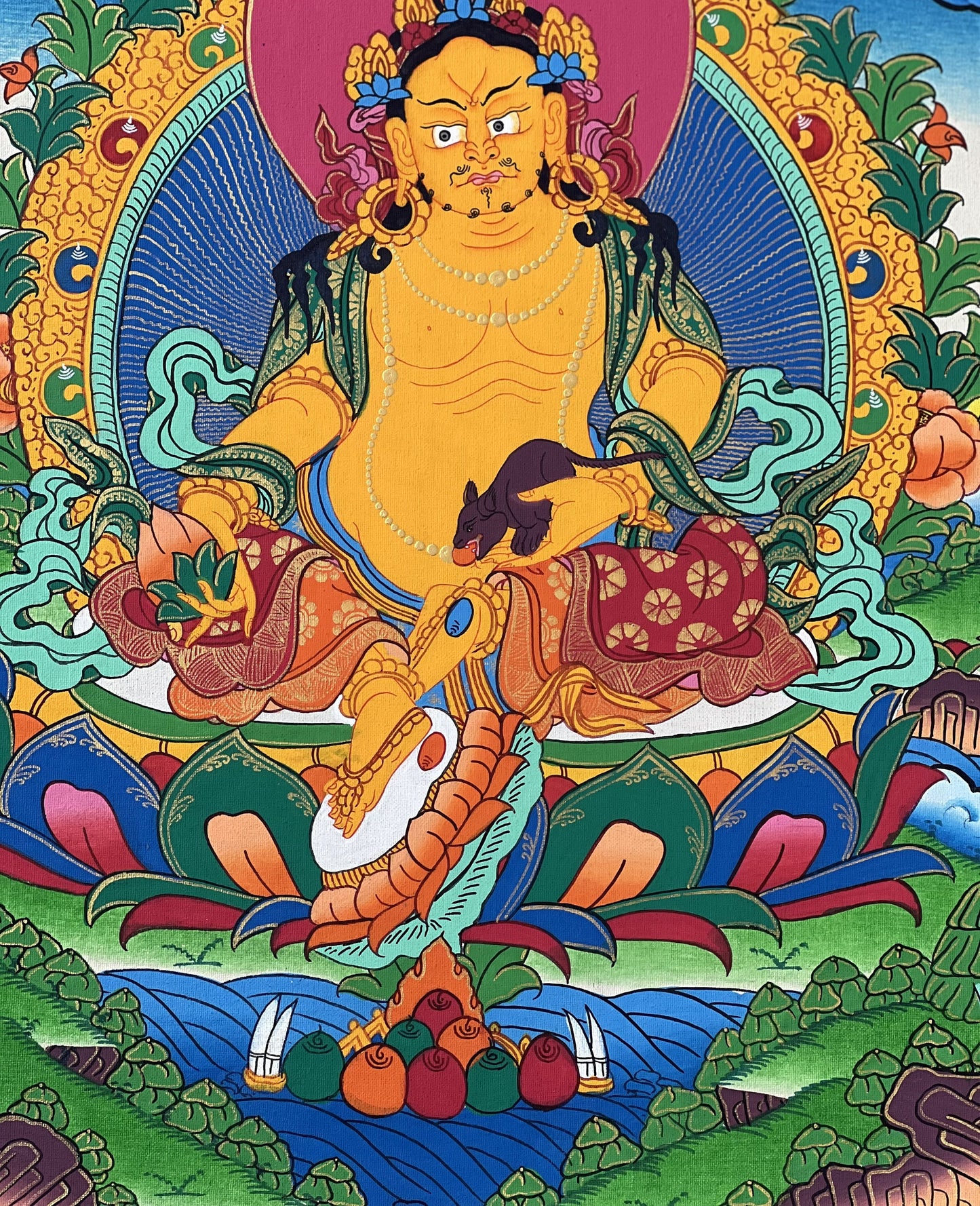 Jambhala/ Dzambala/ Zambala/ Kuber God of Wealth Tibetan Thangka Painting Original Masterpiece Buddhist Art