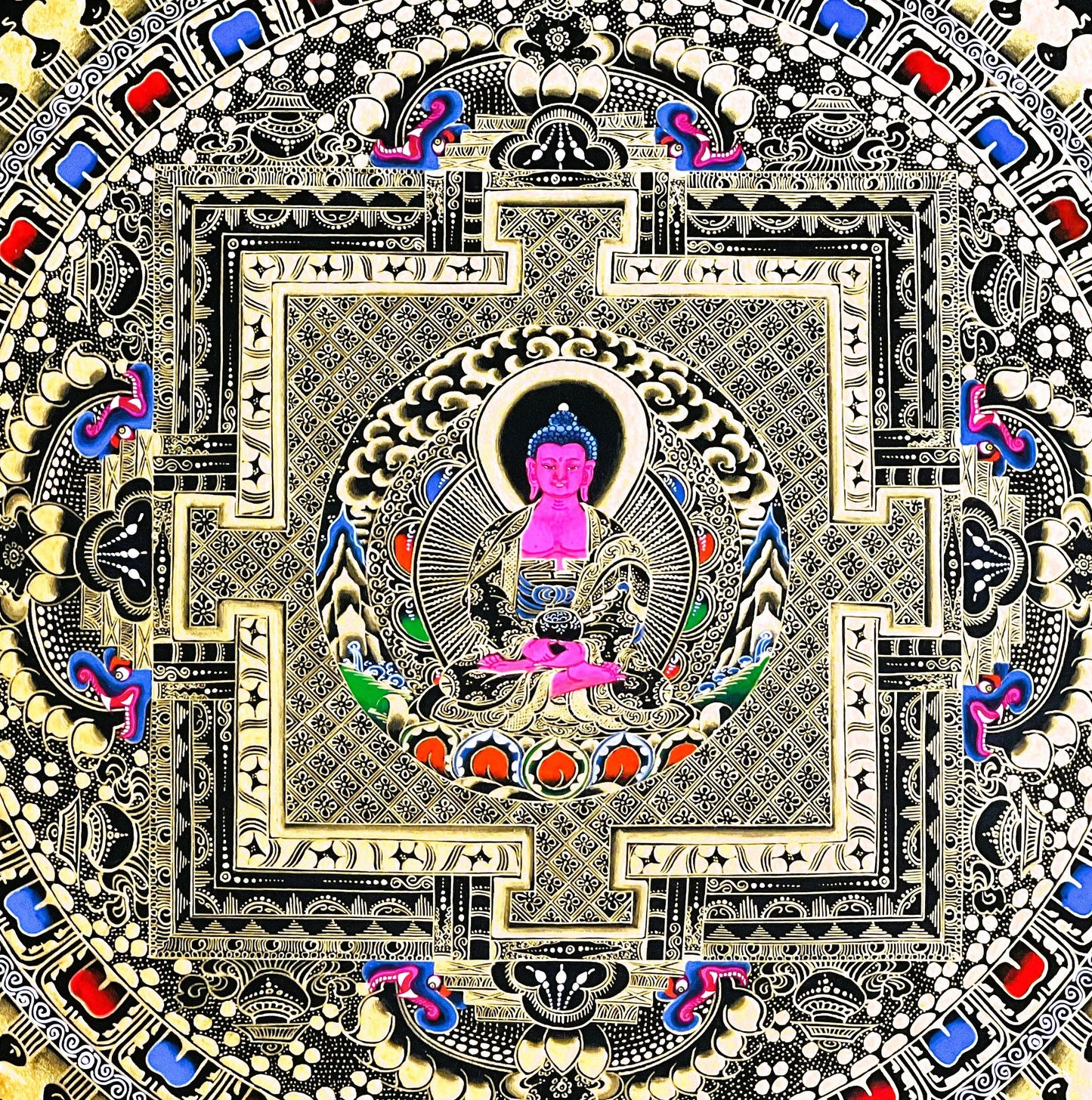 Amitabha Buddha Mandala Tibetan Thangka Painting, Original Hand-Painted Art for Meditation/ Healing/ Home Decor