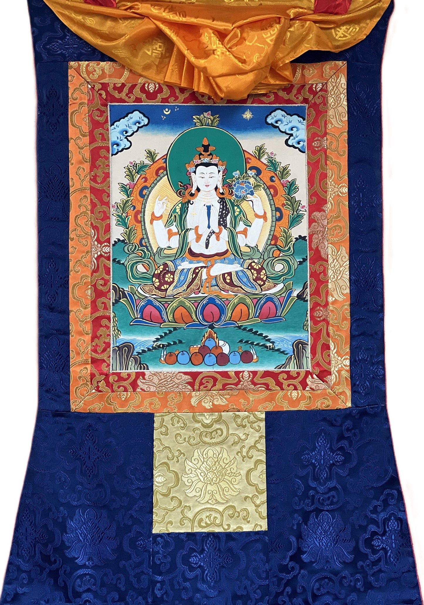 4 Armed Avalokiteshvara, Chyangresi, Chenrezig, Original Tibetan Thangka Painting/Hand Painting with Silk Brocade