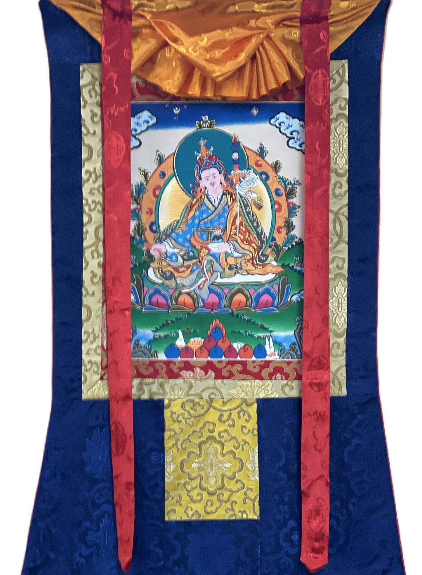 Padmasambhava/Guru Rinpoche Masterpiece Original Tibetan Thangka Painting Buddhist Art with Premium Silk Brocade