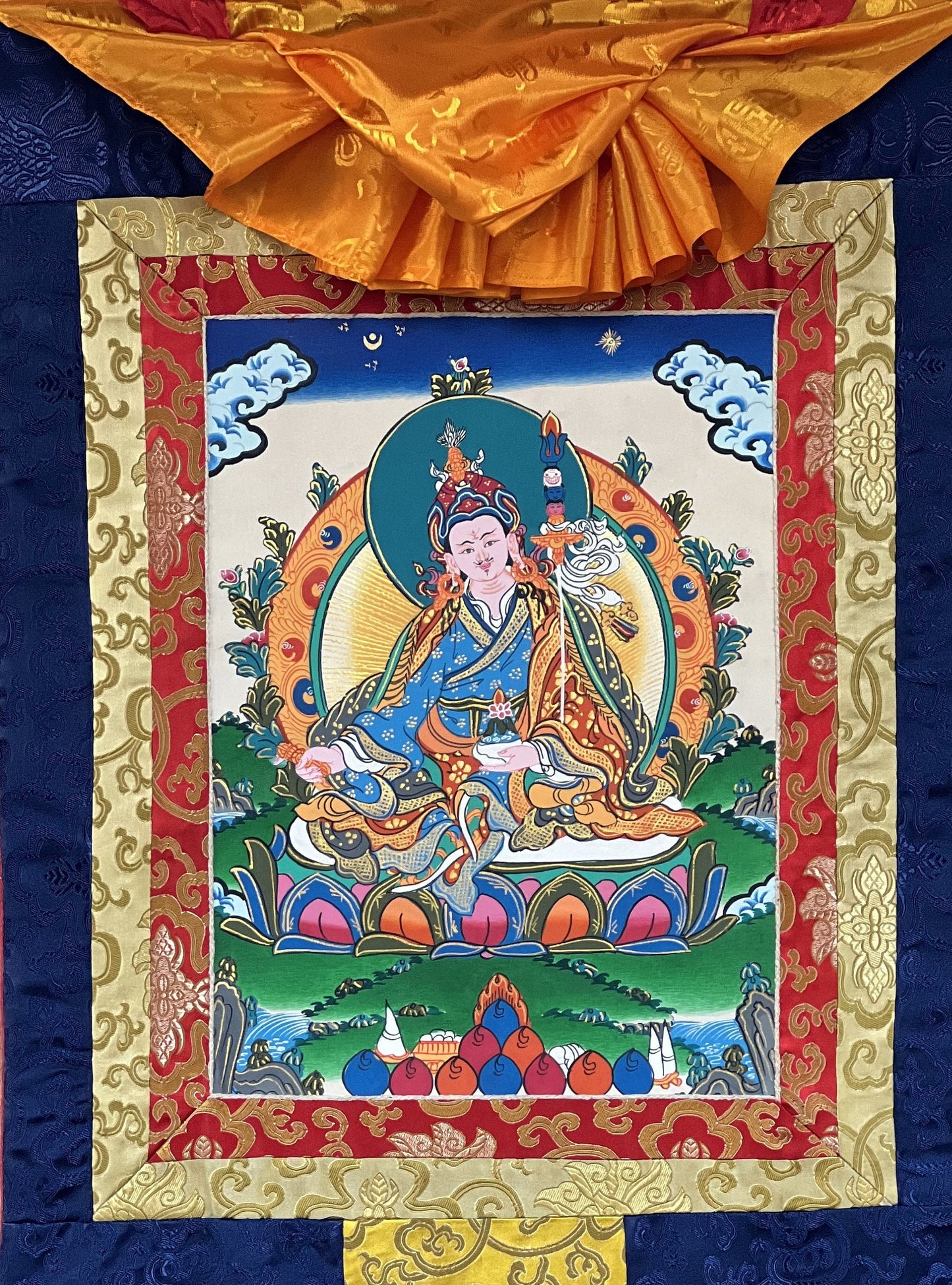 Padmasambhava/Guru Rinpoche Masterpiece Original Tibetan Thangka Painting Buddhist Art with Premium Silk Brocade