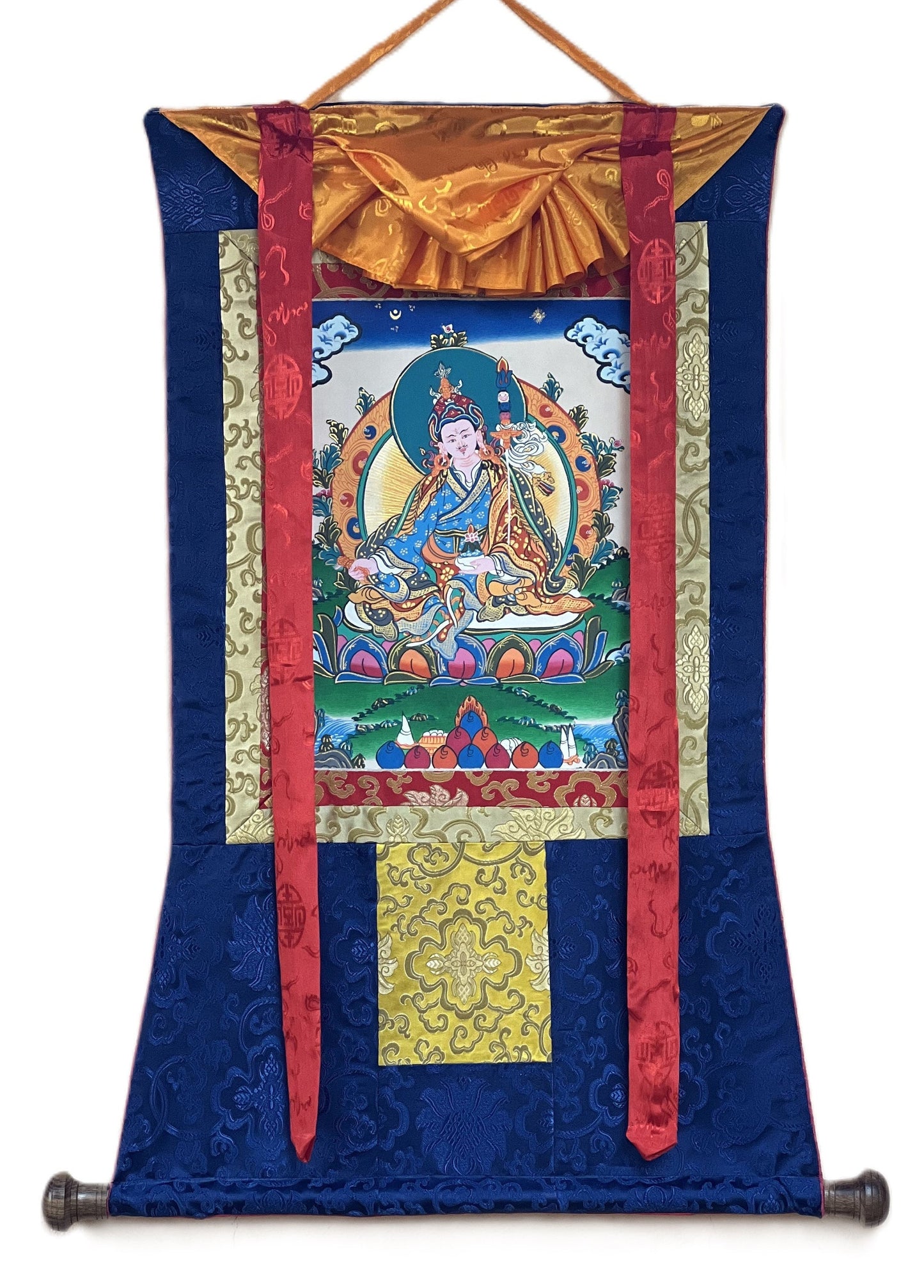 Padmasambhava/Guru Rinpoche Masterpiece Original Tibetan Thangka Painting Buddhist Art with Premium Silk Brocade