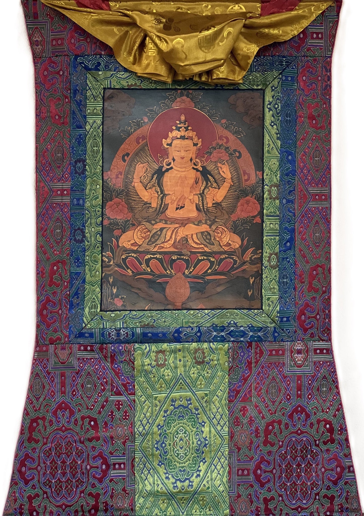 4-Armed Avalokiteshvara/Chenrezig Old- Oil Varnished Tibetan Thangka Painting/ Original hand-painted Buddhist art with Silk Brocade