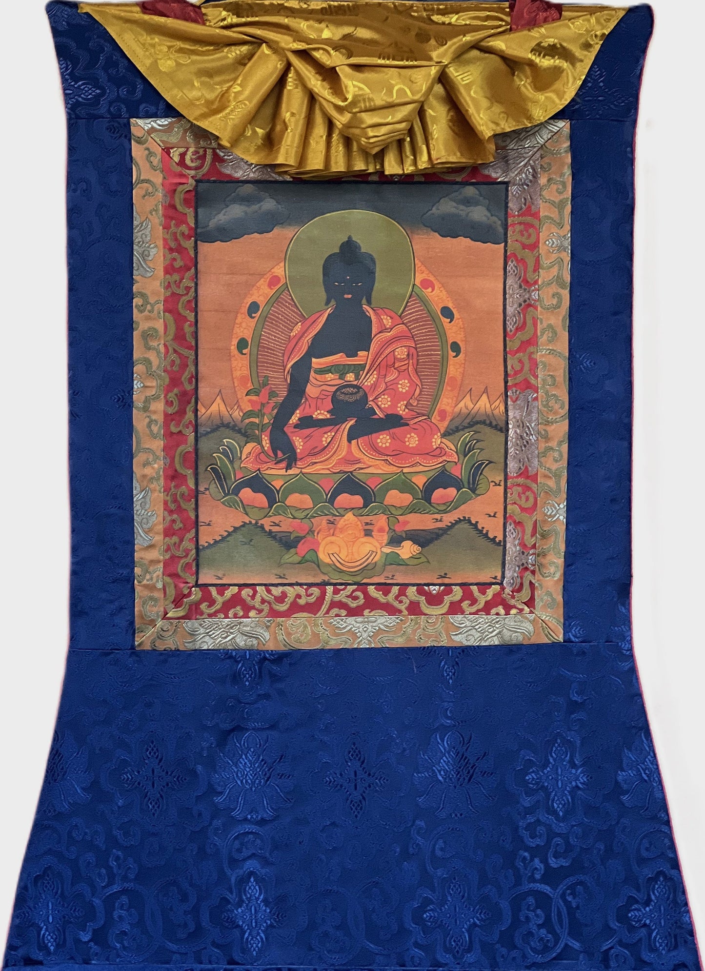 Bhaisajyaguru Medicine Buddha Oil- Varnished Old Tibetan Thangka Painting Original Art  with Silk Border