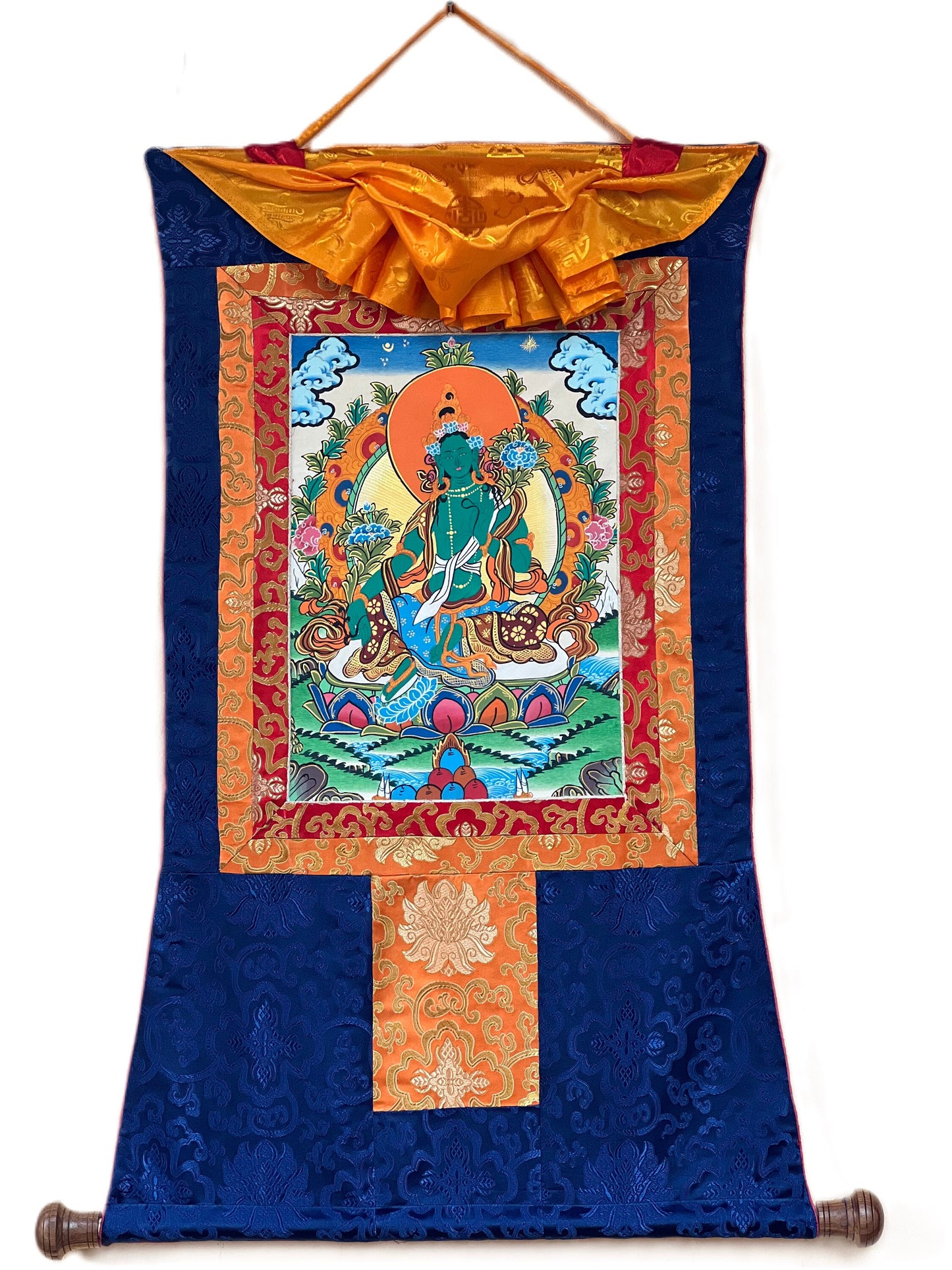 Green Tara/Shyamatara/ Mother Goddess Tibetan Thangka Painting Original Buddhist Art with Silk Brocade