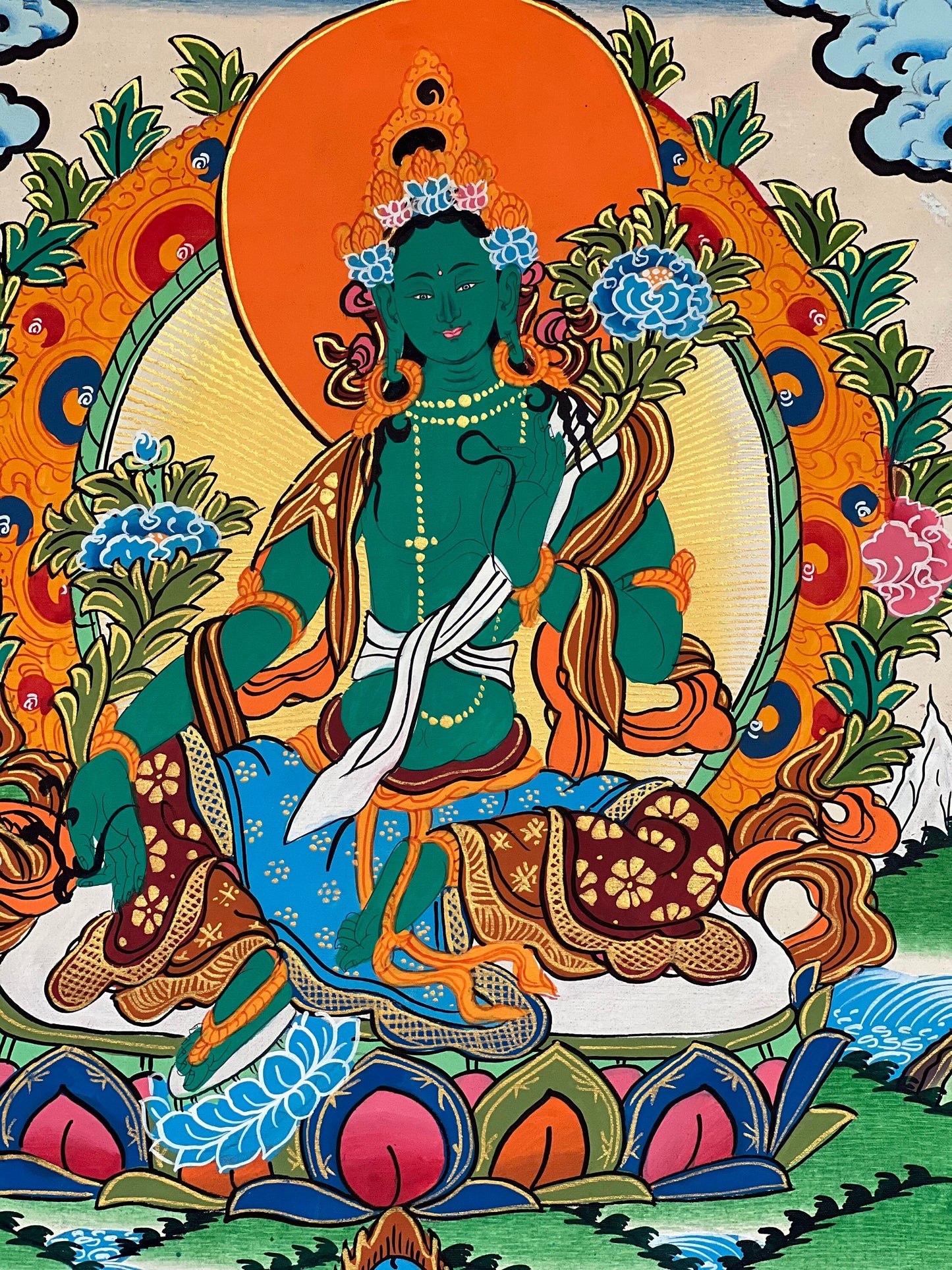 Green Tara/Shyamatara/ Mother Goddess Tibetan Thangka Painting Original Buddhist Art with Silk Brocade