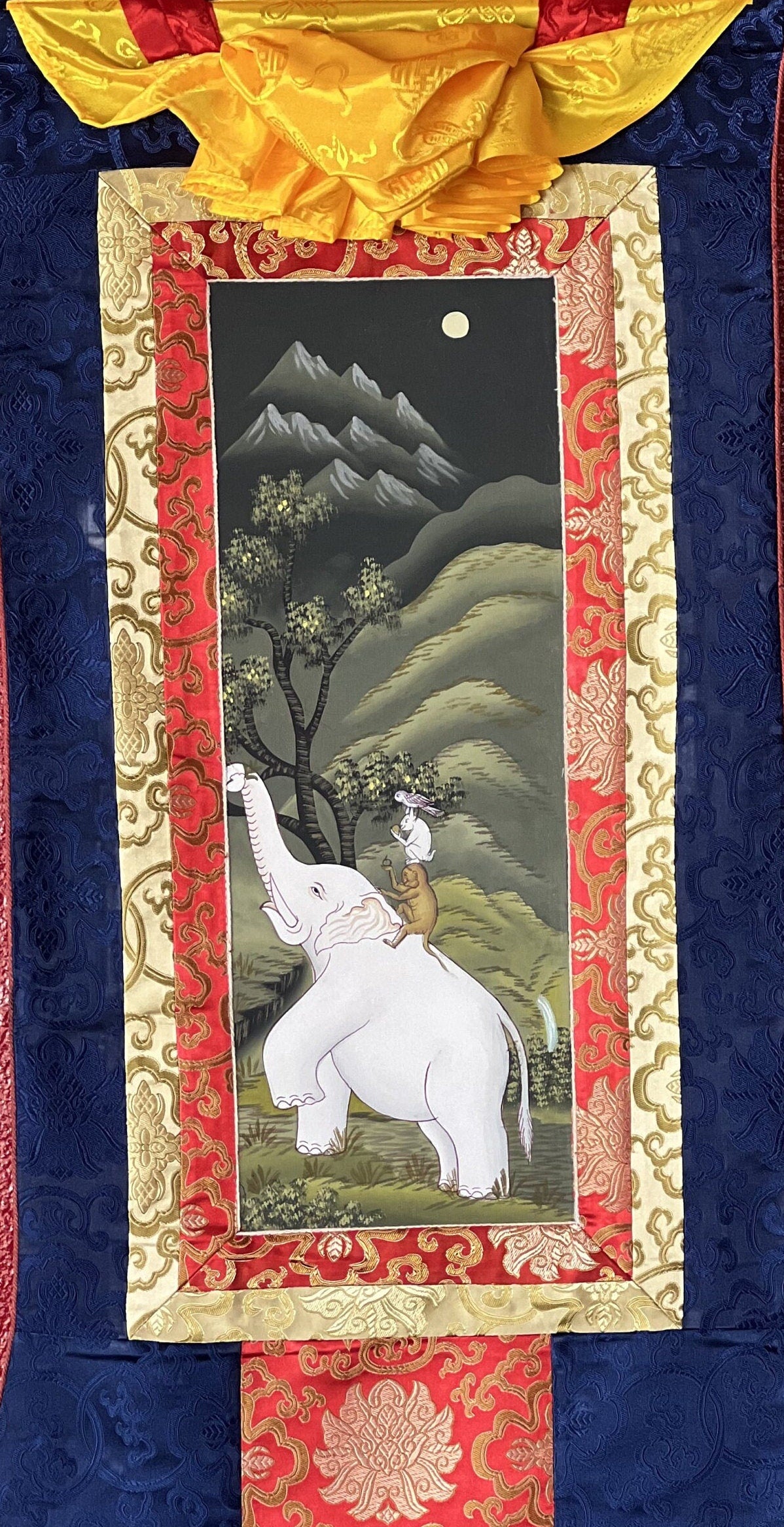 Four Harmonious Friend, Traditional Newari Paubha Good Luck Harmoney, Thangka Painting, Original Hand-painted, Art with Silk Frame