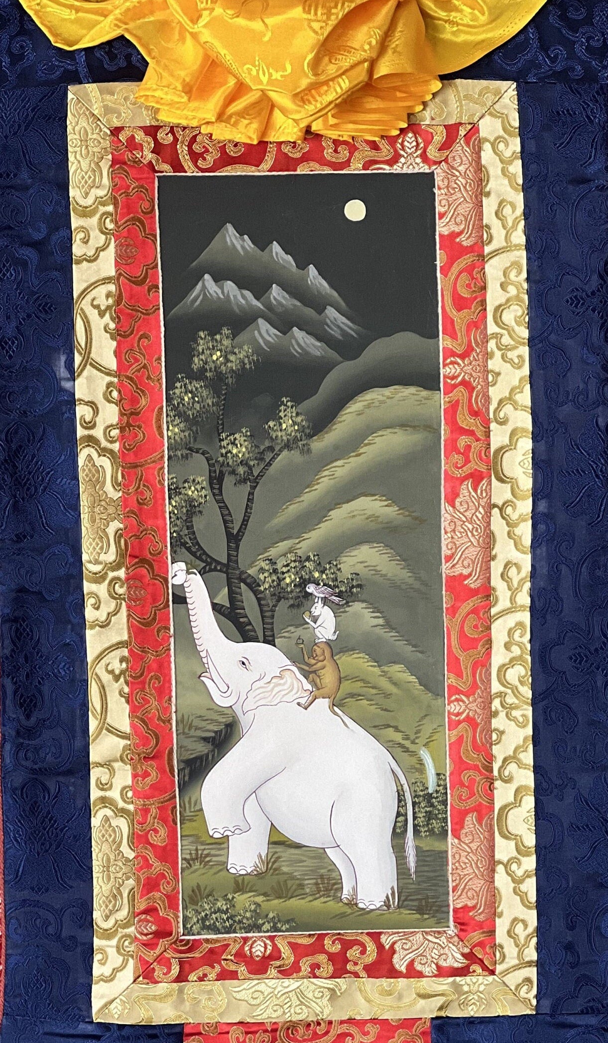 Four Harmonious Friend, Traditional Newari Paubha Good Luck Harmoney, Thangka Painting, Original Hand-painted, Art with Silk Frame