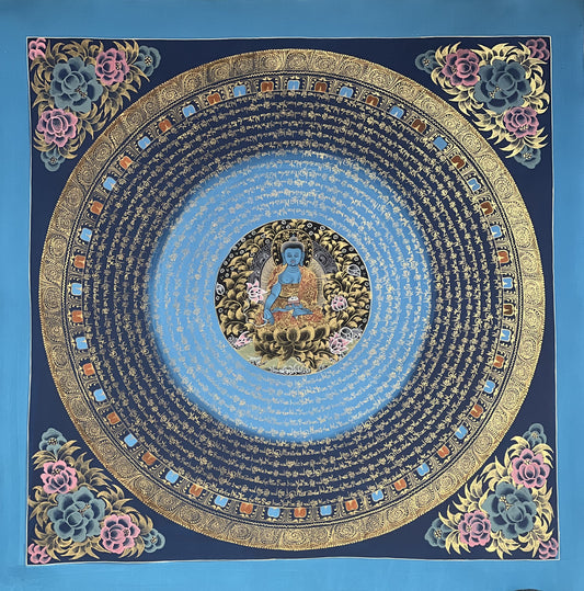 Medicine Buddha  OM Mantra Mandala Wheel of Time Meditation Thangka Painting Original Art/ Wall Hanging/Home Décor