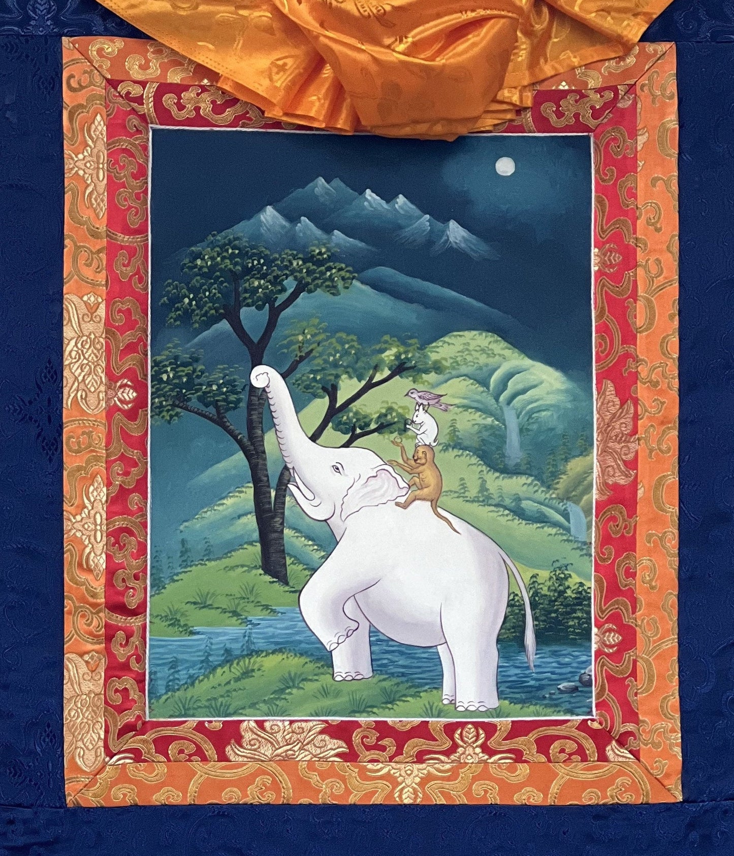 Four Harmonious Friend,  Newari Pauba, Good Luck, Harmony, Thangka Painting, Original Hand-painted, Art with Silk Frame