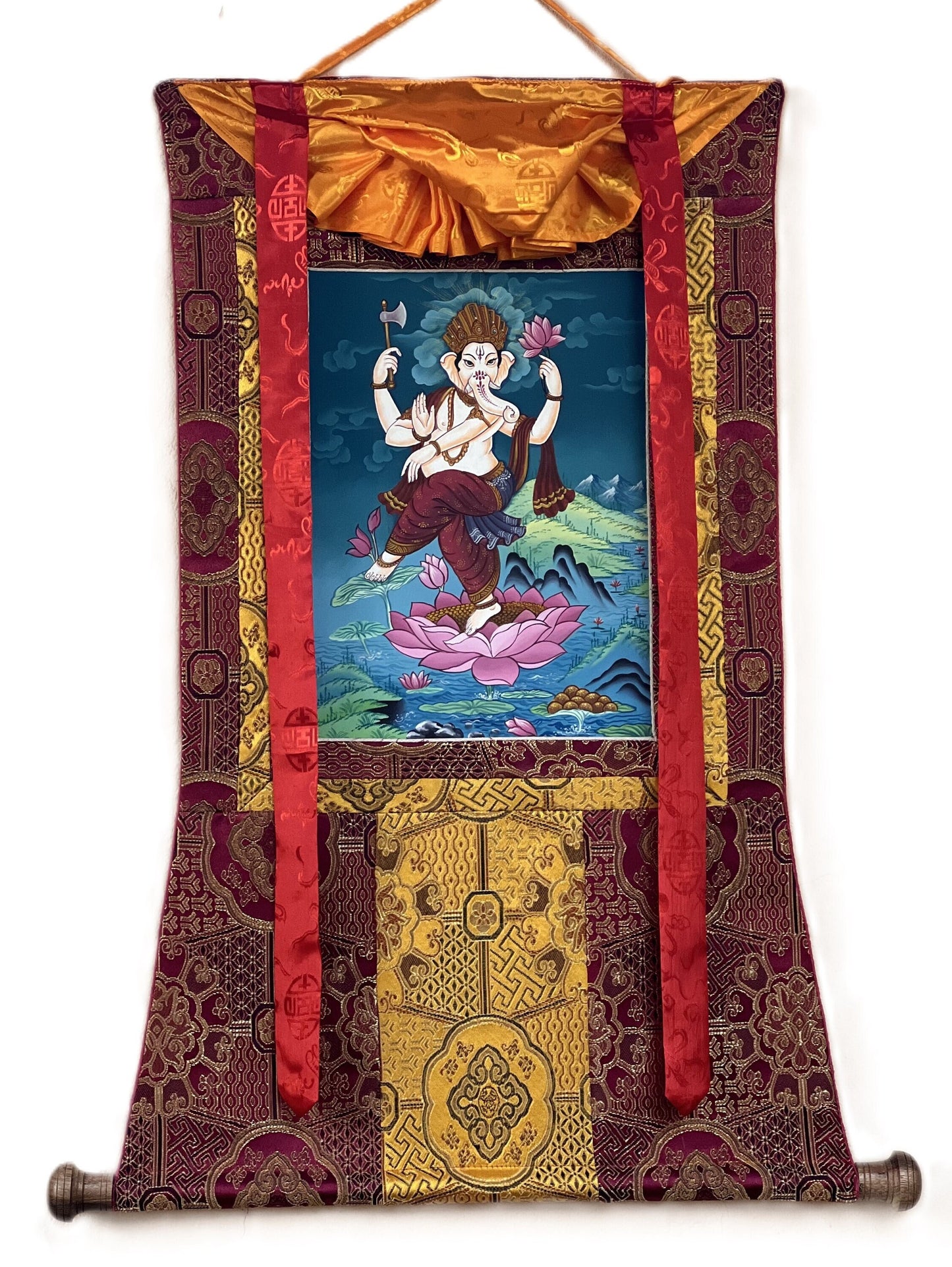 Lord Ganesha Ganesha/ Ganapati/Vinayaka, Newari Paubha/ Thangka Painting, Original  Masterpiece Art with High-Quality Silk Brocade