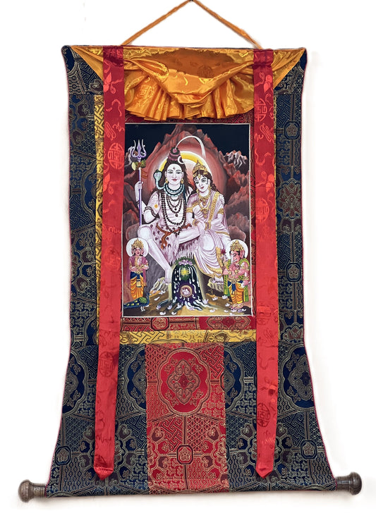 Lord Shiva Mahadeva Shankar with Mother Ganga Newari Paubha/ Thangka Painting, Original Masterpiece Art  with High-Quality Silk Brocade