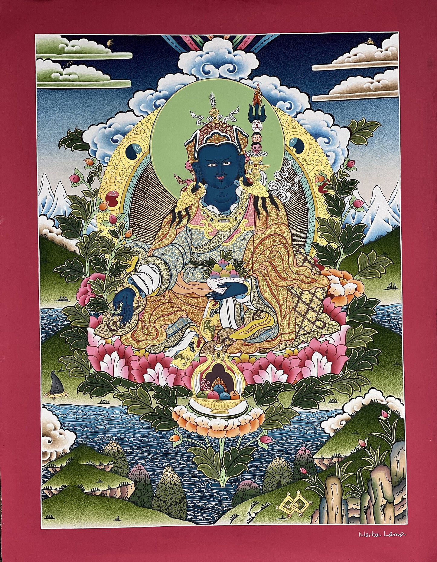 Guru Orgyen Menla/ Guru Rinpoche of Medicine Artist Signed Masterpiece Original Hand-painted Tibetan Thangka/ Thanka Painting Meditation Art