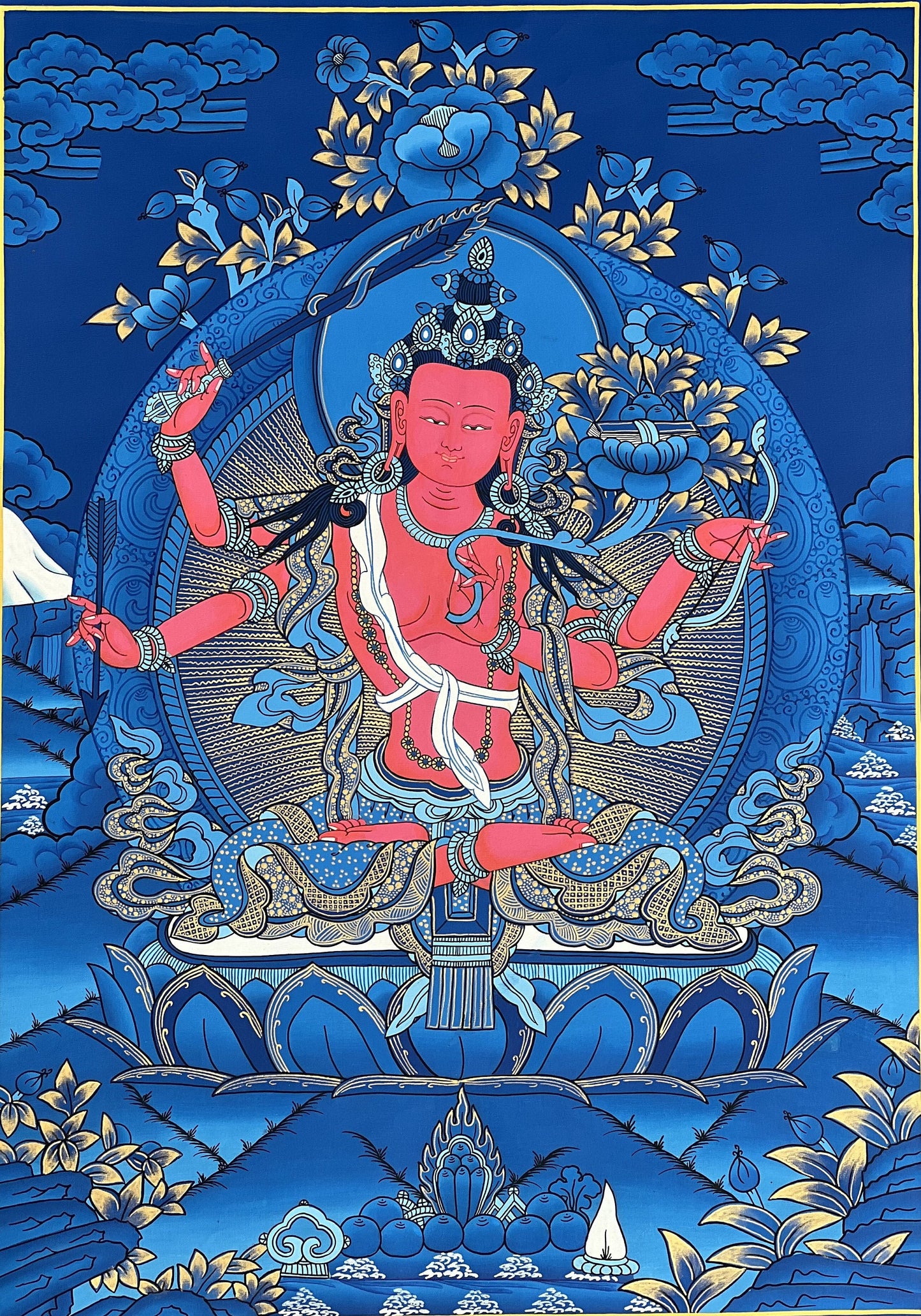 Red Manjushri Bodhisattva of wisdom  Masterpiece Tibetan Thangka Painting/ Original  Hand Painting/ Buddhist Art