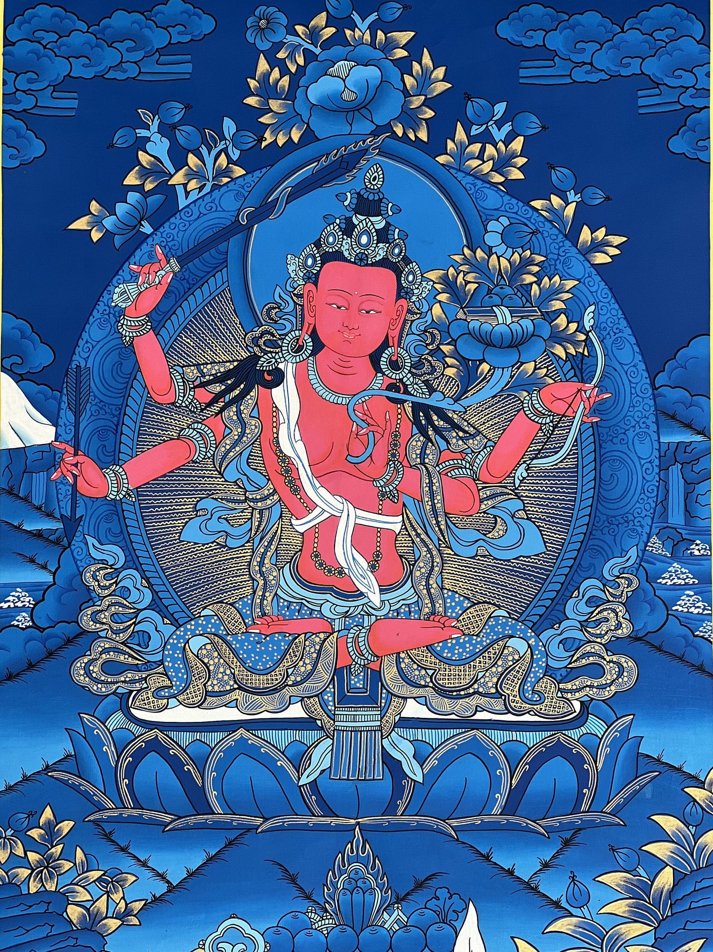 Red Manjushri Bodhisattva of wisdom  Masterpiece Tibetan Thangka Painting/ Original  Hand Painting/ Buddhist Art