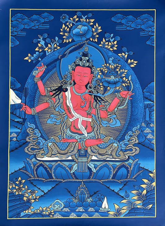 Red Manjushri Bodhisattva of wisdom  Masterpiece Tibetan Thangka Painting/ Original  Hand Painting/ Buddhist Art