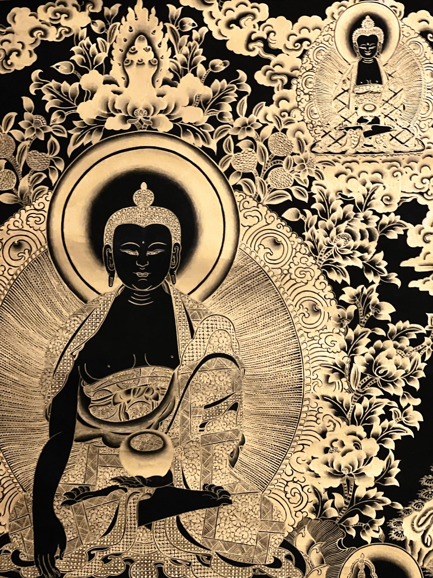 Shakyamuni Buddha/ Siddhartha Gautama Black and Gold Tibetan Thangka Painting Original Hand-painted Masterpiece Art