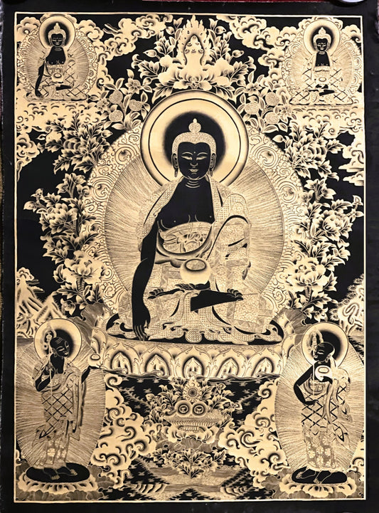 Shakyamuni Buddha/ Siddhartha Gautama Black and Gold Tibetan Thangka Painting Original Hand-painted Masterpiece Art