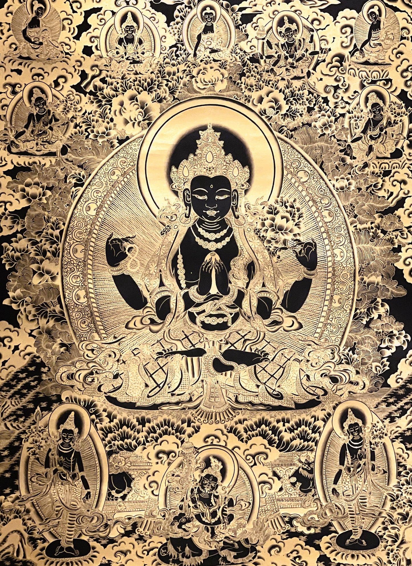 4 -Armed Chyangresi Chenrezig Avalokiteshvara Original Masterpiece Tibetan Thangka Painting Compassion Meditation Art in Black and Gold