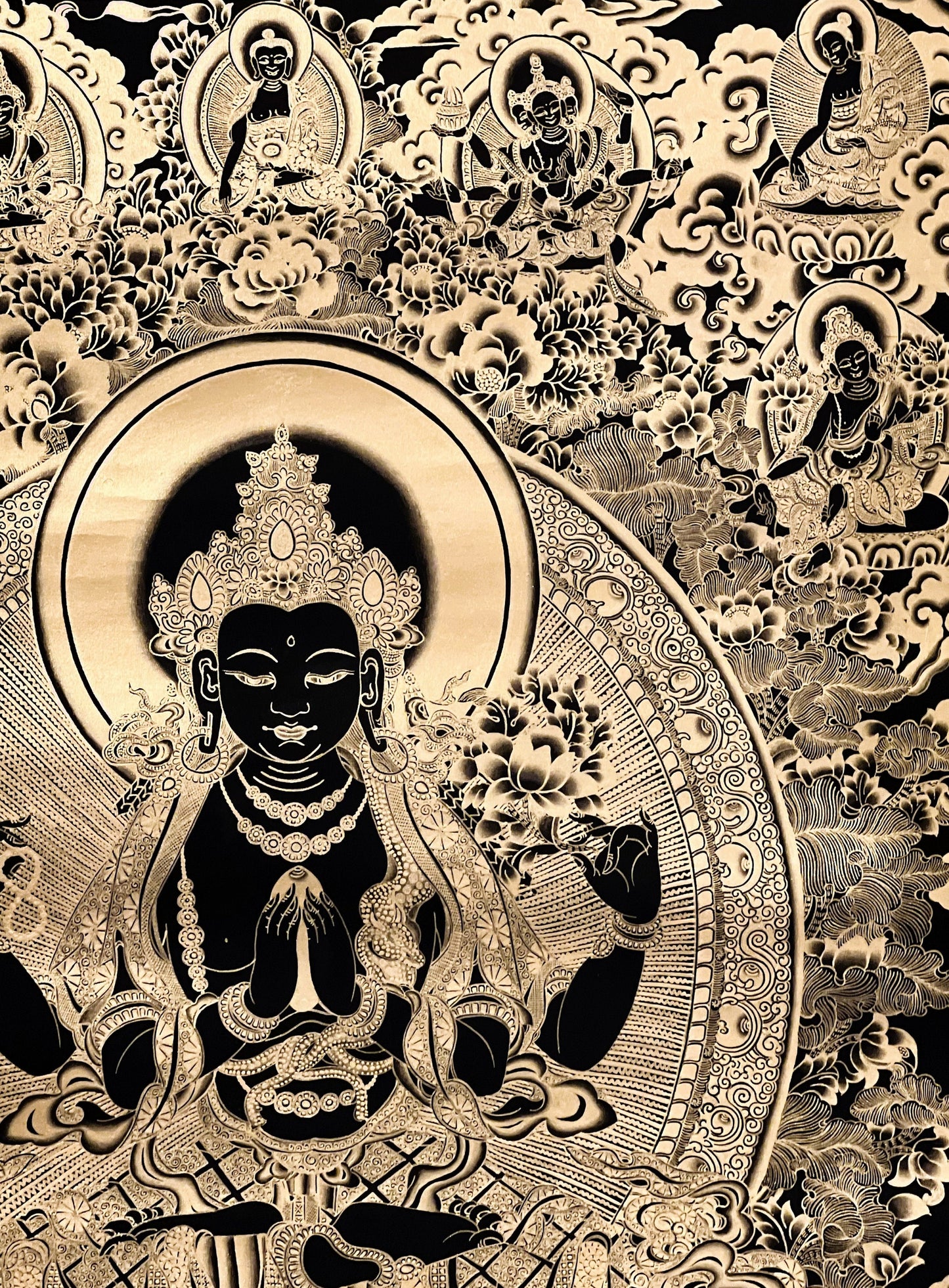 4 -Armed Chyangresi Chenrezig Avalokiteshvara Original Masterpiece Tibetan Thangka Painting Compassion Meditation Art in Black and Gold