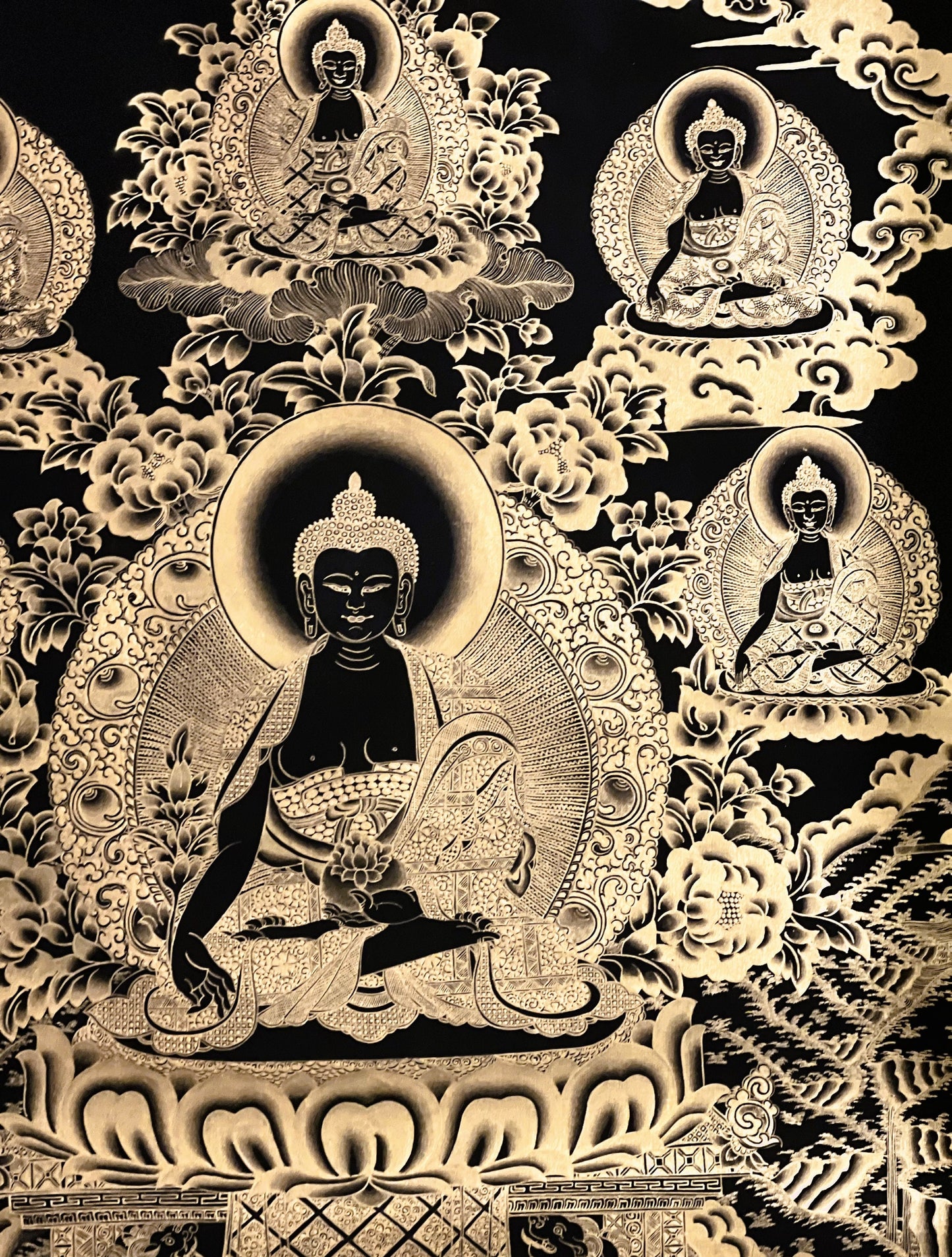 Original Hand-Painted Masterpiece Black and Gold Eight Medicine Buddha/Bhaisajyaguru Tibetan Meditation Thangka  Painting