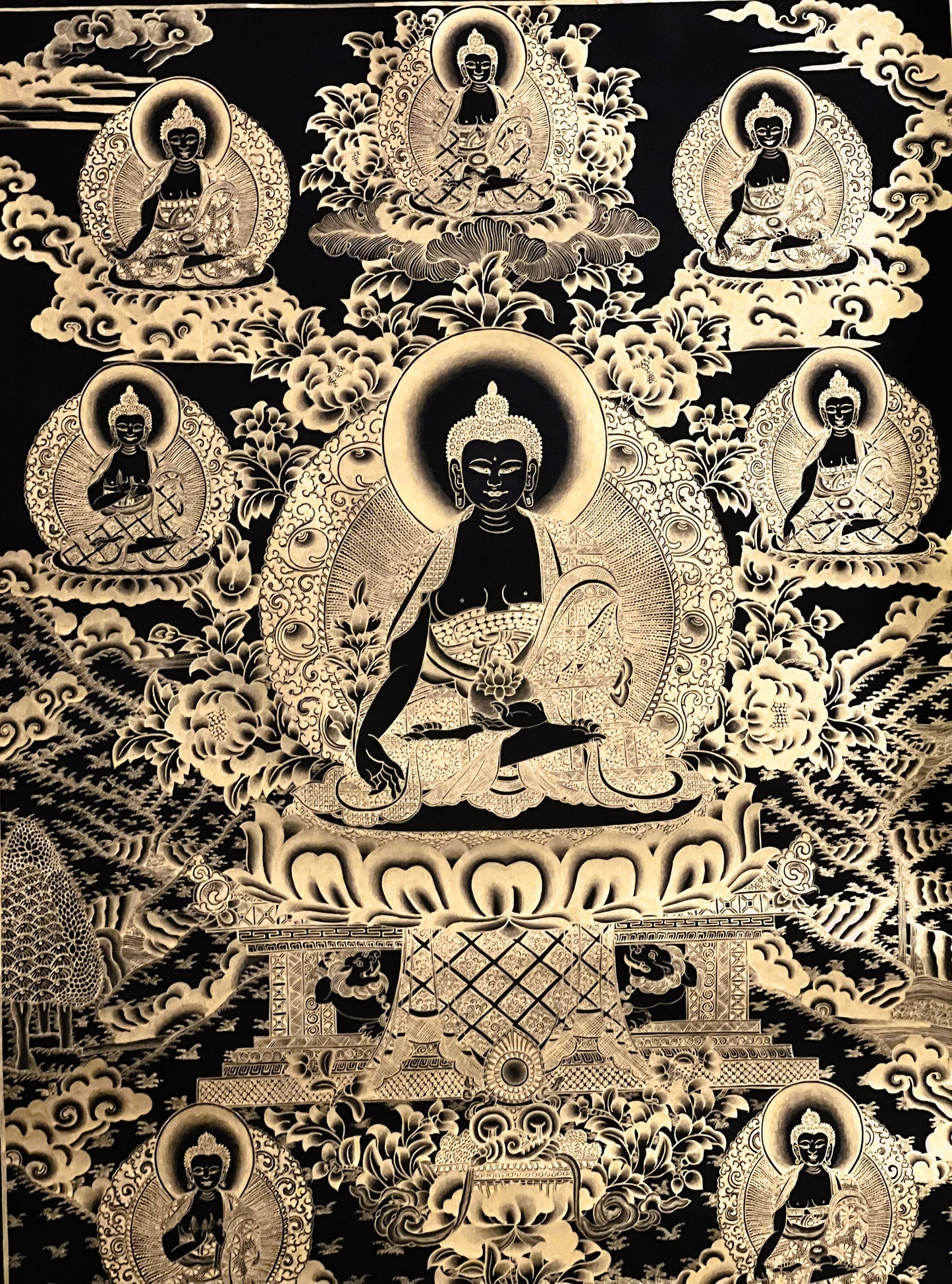 Original Hand-Painted Masterpiece Black and Gold Eight Medicine Buddha/Bhaisajyaguru Tibetan Meditation Thangka  Painting