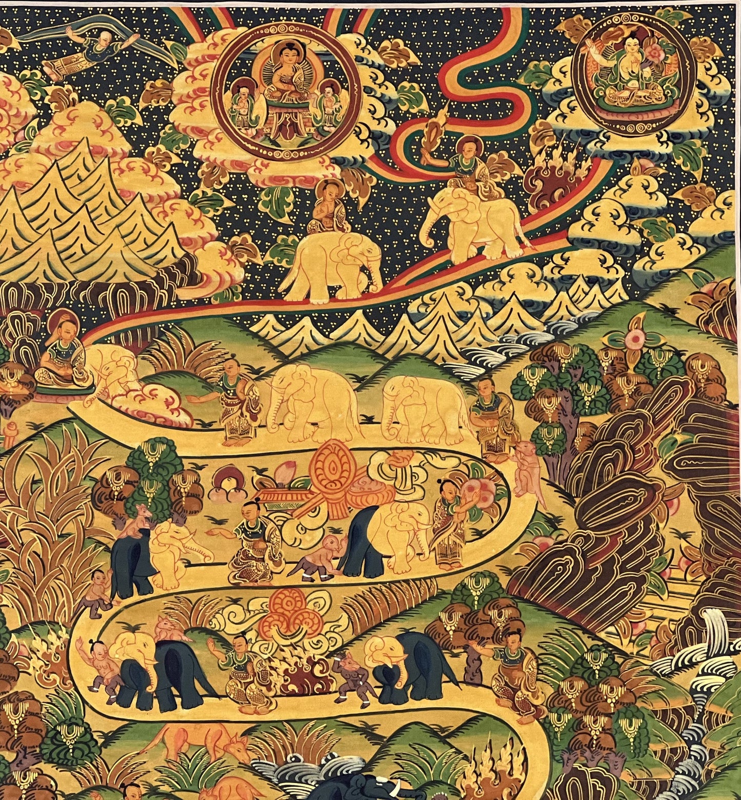 Hand Painted Samatha Elephant Path Meditation Way to Heaven Tibetan Thangka Painting Original Buddhist Meditation Art/ Wall Hanging