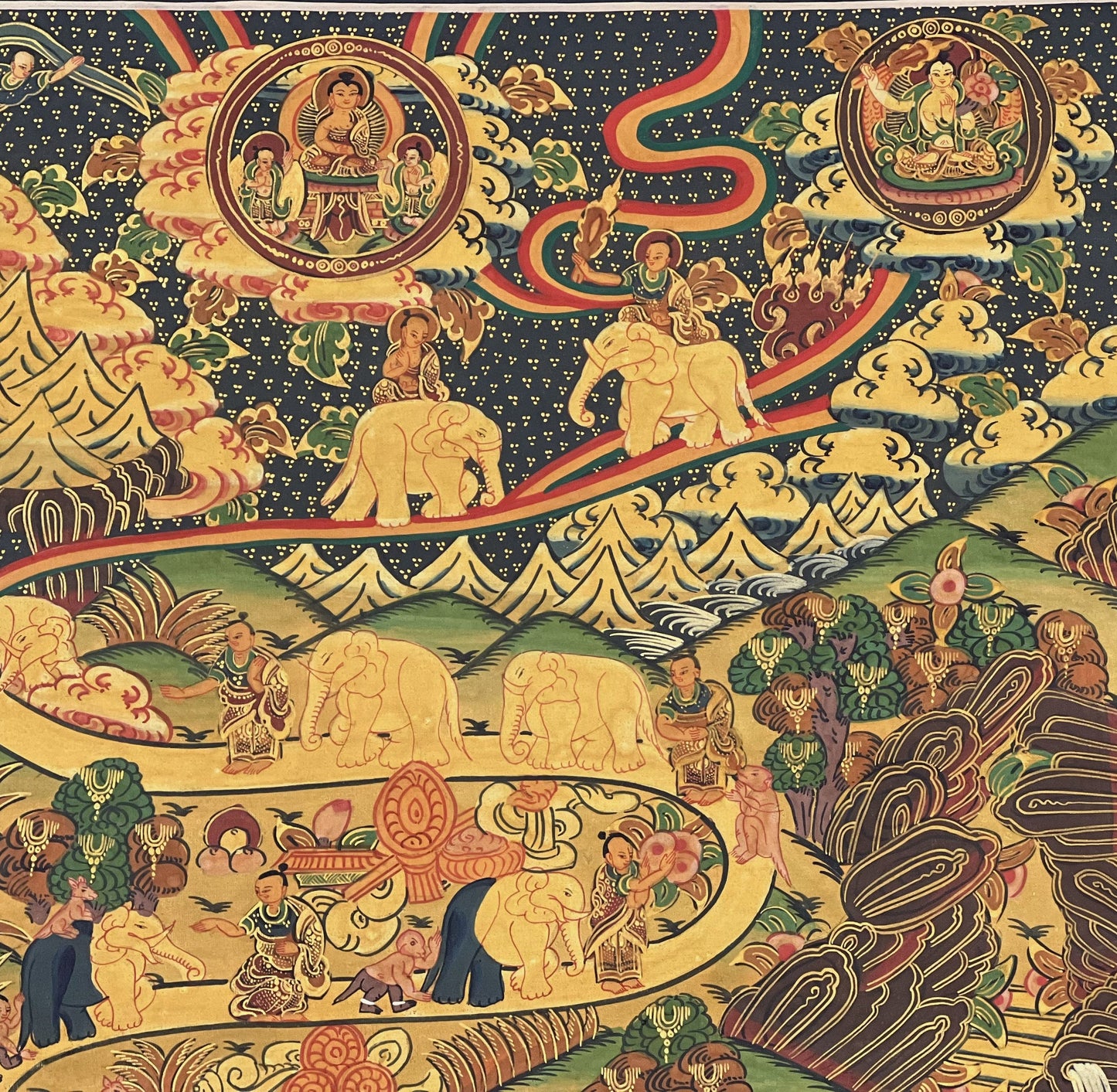 Hand Painted Samatha Elephant Path Meditation Way to Heaven Tibetan Thangka Painting Original Buddhist Meditation Art/ Wall Hanging