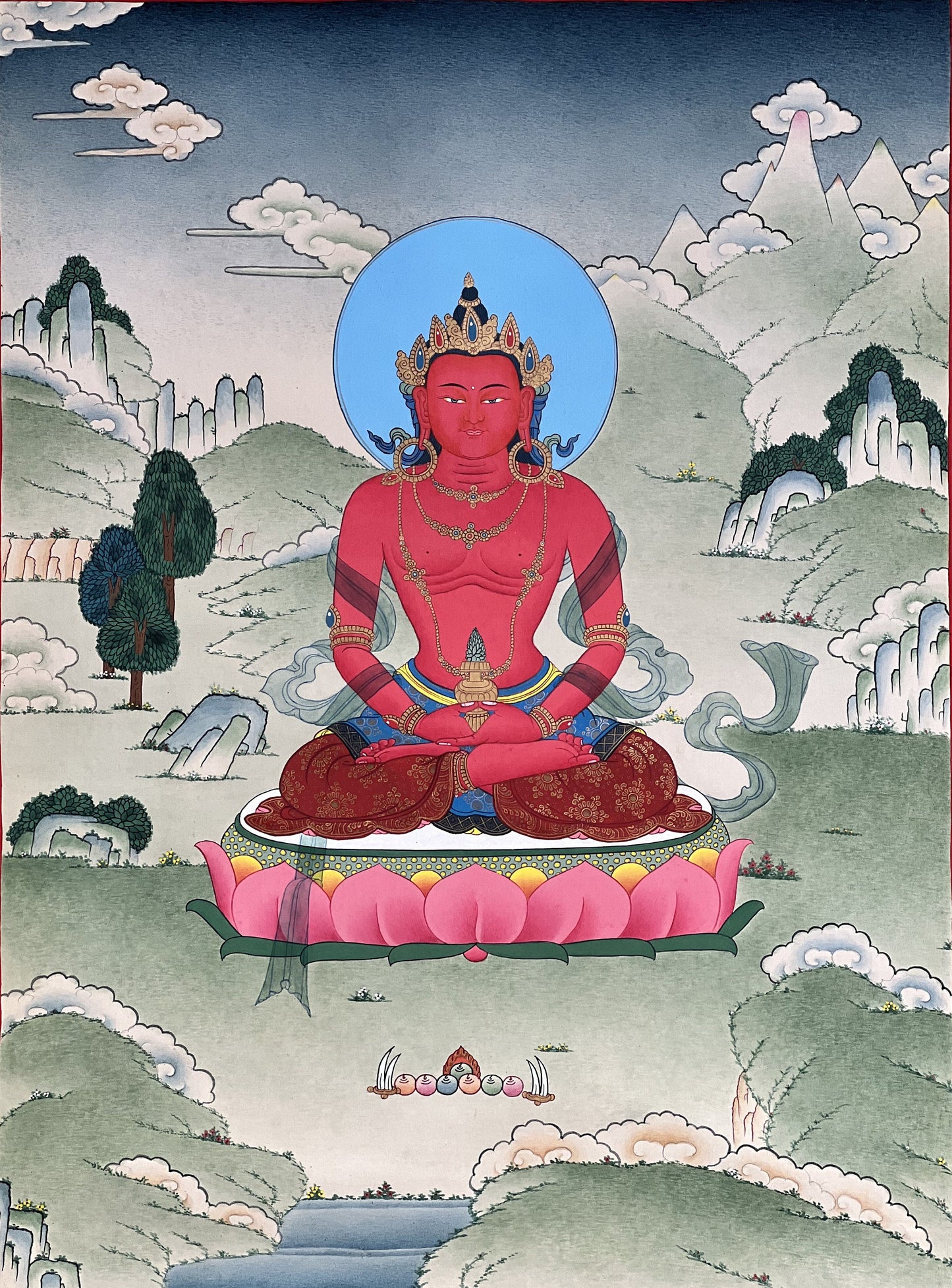 Buddha Amitayus/Aparamita Pure Land Buddha of Sukhavati / Eternal Life Original Masterpiece Tibetan Thangka Painting in Karma Gadri Style