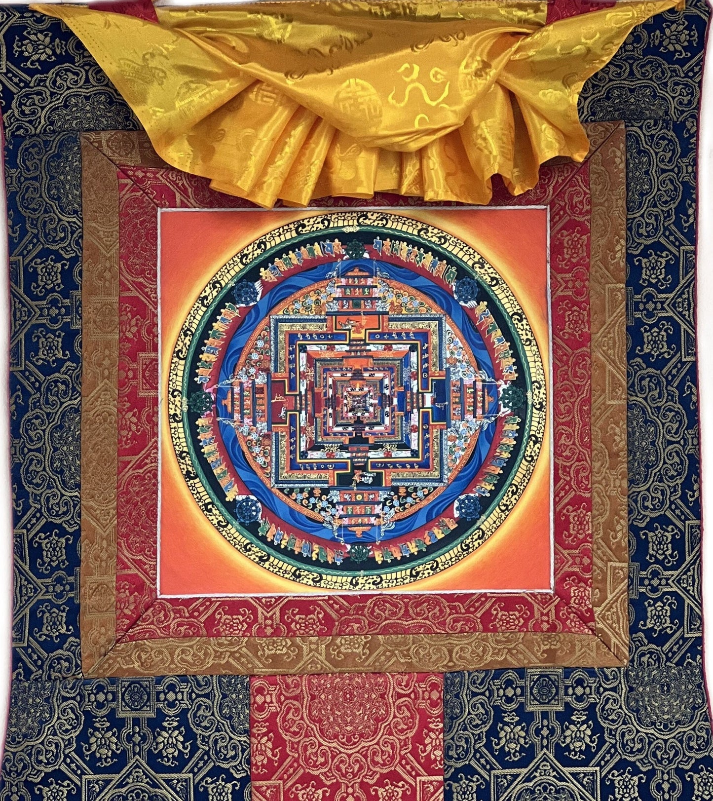 Hand Painted Wheel of Life, Kalachakra Mandala, Thangka Painting, Original Art  with Silk Brocade