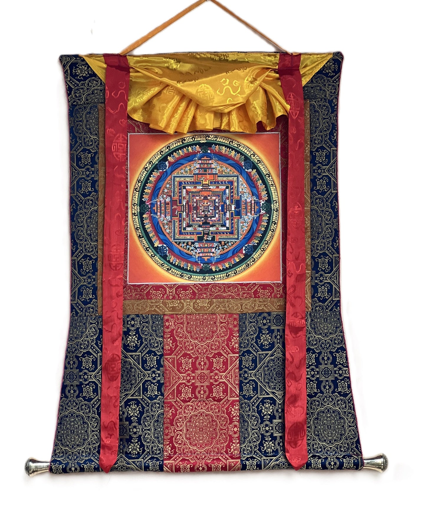 Hand Painted Wheel of Life, Kalachakra Mandala, Thangka Painting, Original Art  with Silk Brocade