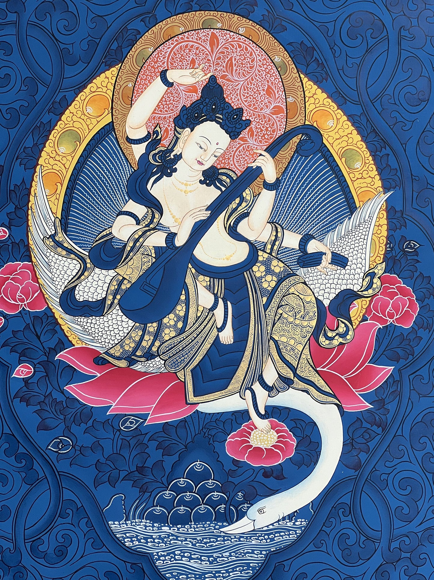 Goddess Saraswoti Mother of Wisdom Learning and Music Hindu Buddhist Thangka Painting Original Hand-painted Art