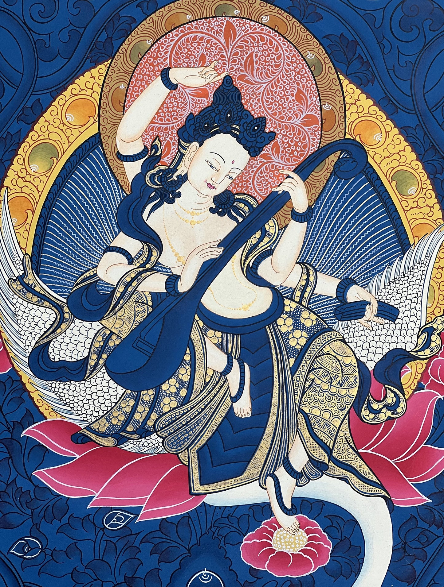 Goddess Saraswoti Mother of Wisdom Learning and Music Hindu Buddhist Thangka Painting Original Hand-painted Art