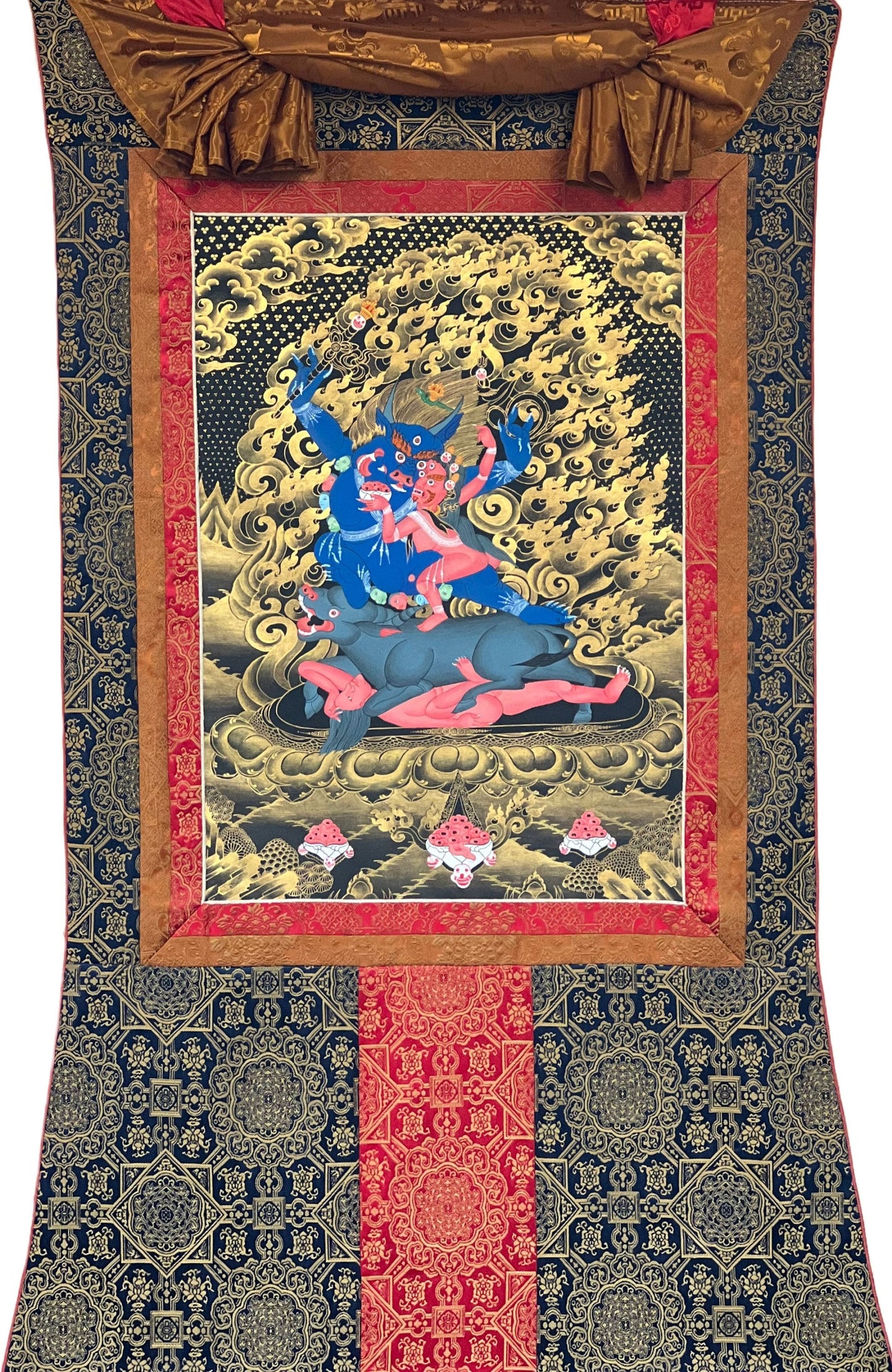 Yama Dharmaraja/Lord of Justice Master Quality Tibetan Thangka Painting, Original Hand Painted Meditation Art with Premium Silk Brocade