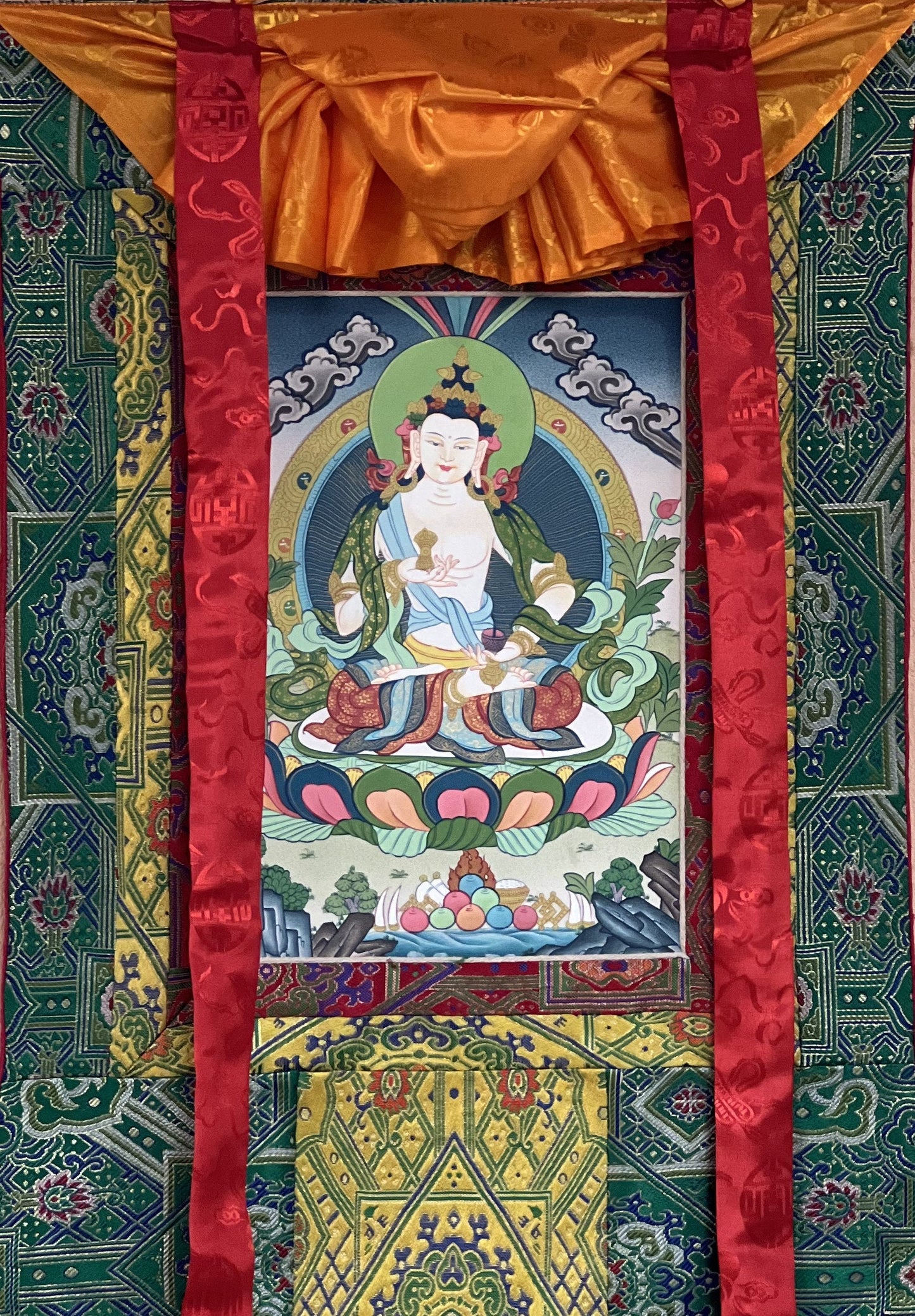 Vajrasattva/ Dorje Sempa/ Dhyani Buddha Tibetan Thangka Painting Original Buddhist Art/ Painting  with High Quality Silk Brocade