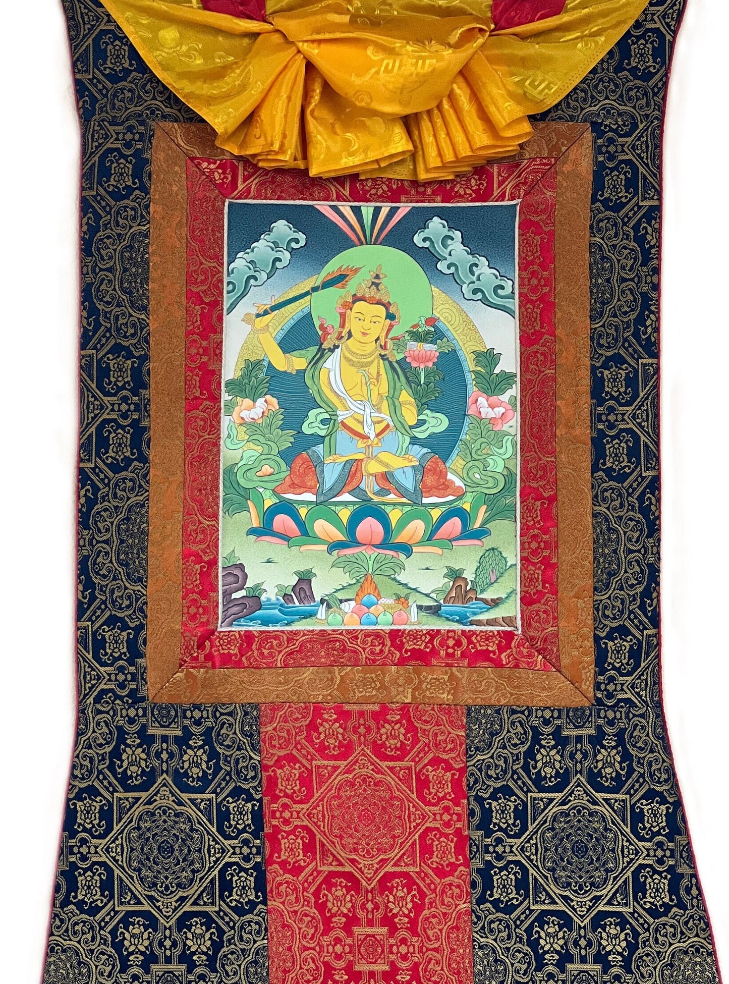 Manjushri/Manjusri/ Manjushree Bodhisattva of Divine Wisdom Tibetan Thangka Painting, Original Hand-painted  Art with Premium Silk Brocade