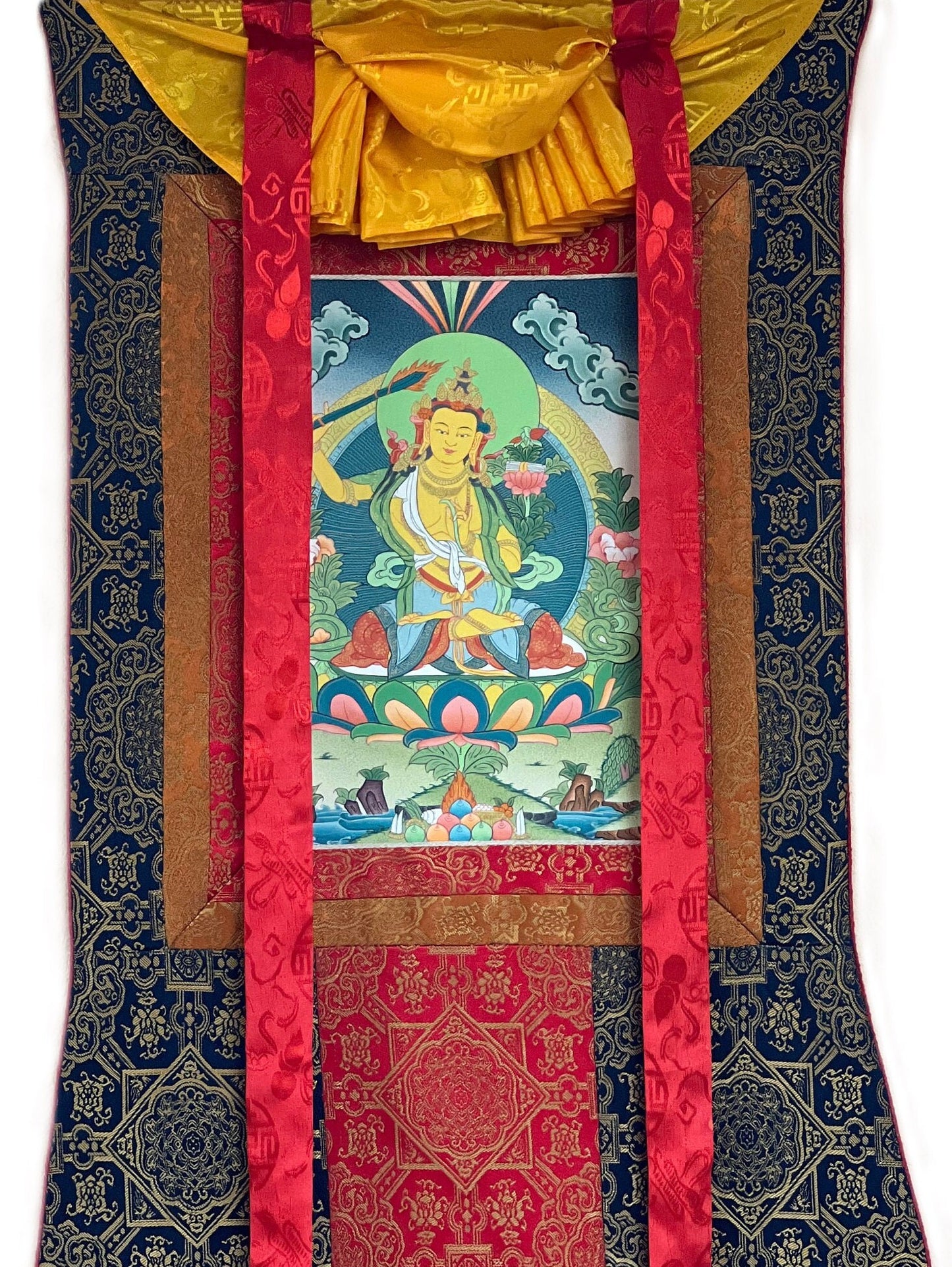 Manjushri/Manjusri/ Manjushree Bodhisattva of Divine Wisdom Tibetan Thangka Painting, Original Hand-painted  Art with Premium Silk Brocade