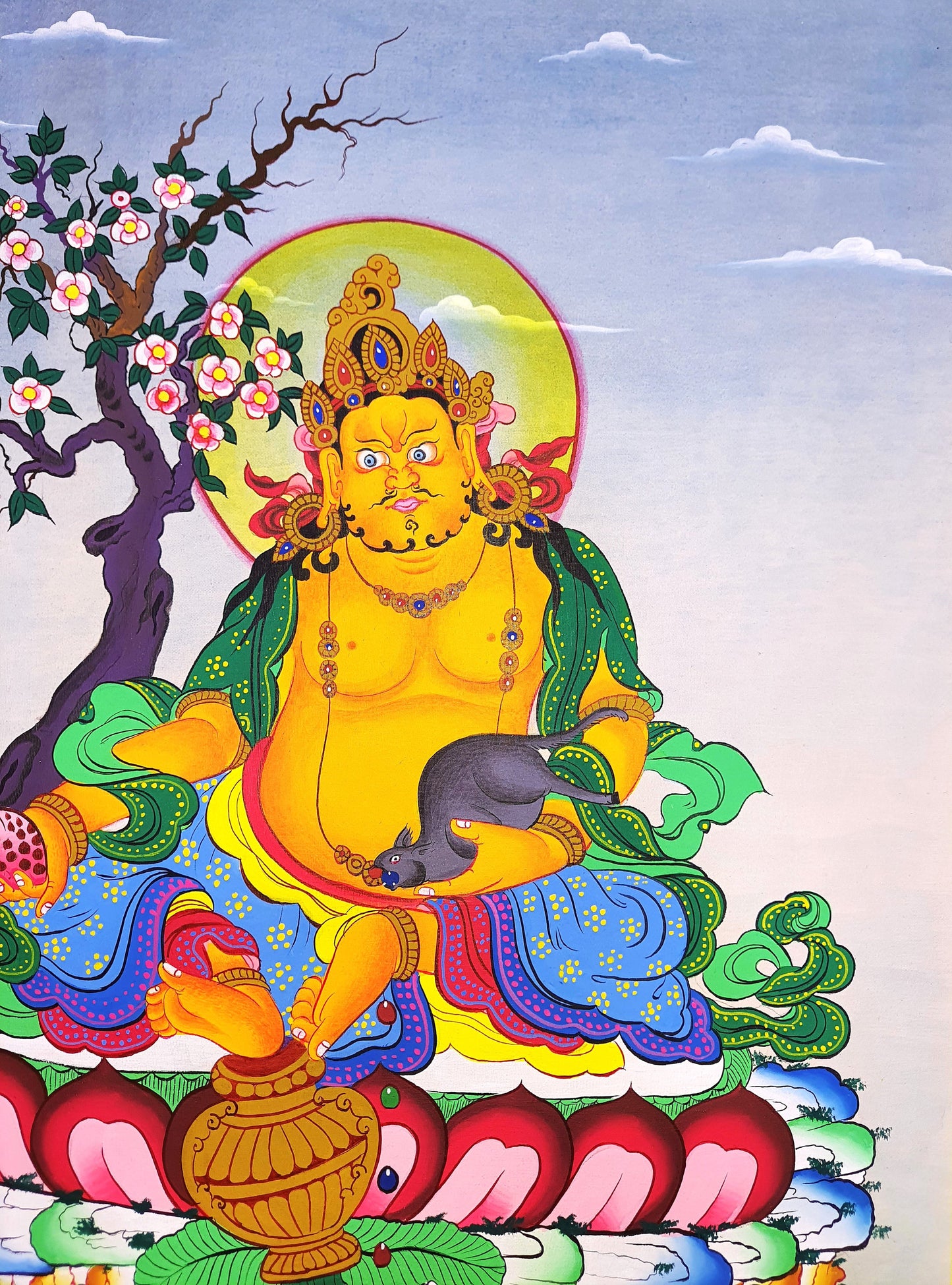 Jambhala/  Dzambhala/ Dzambala/ Zambala /Jambala/ Kubera God of Wealth Original Masterpiece Newari Paubha Style Tibetan Thangka Painting