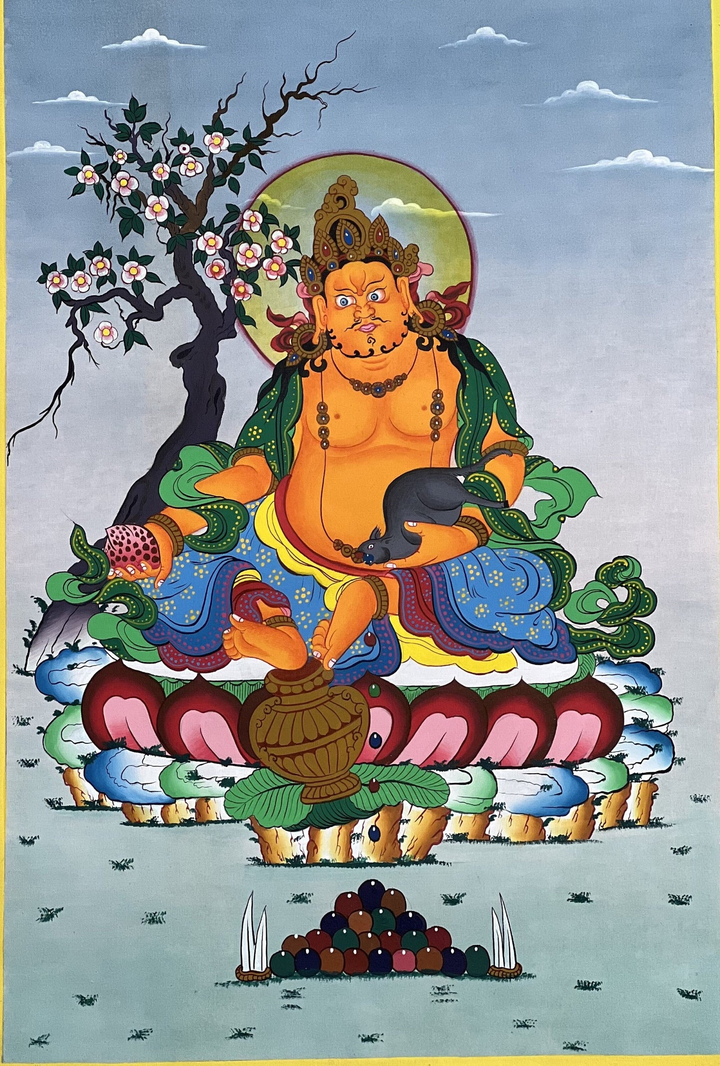 Jambhala/  Dzambhala/ Dzambala/ Zambala /Jambala/ Kubera God of Wealth Original Masterpiece Newari Paubha Style Tibetan Thangka Painting