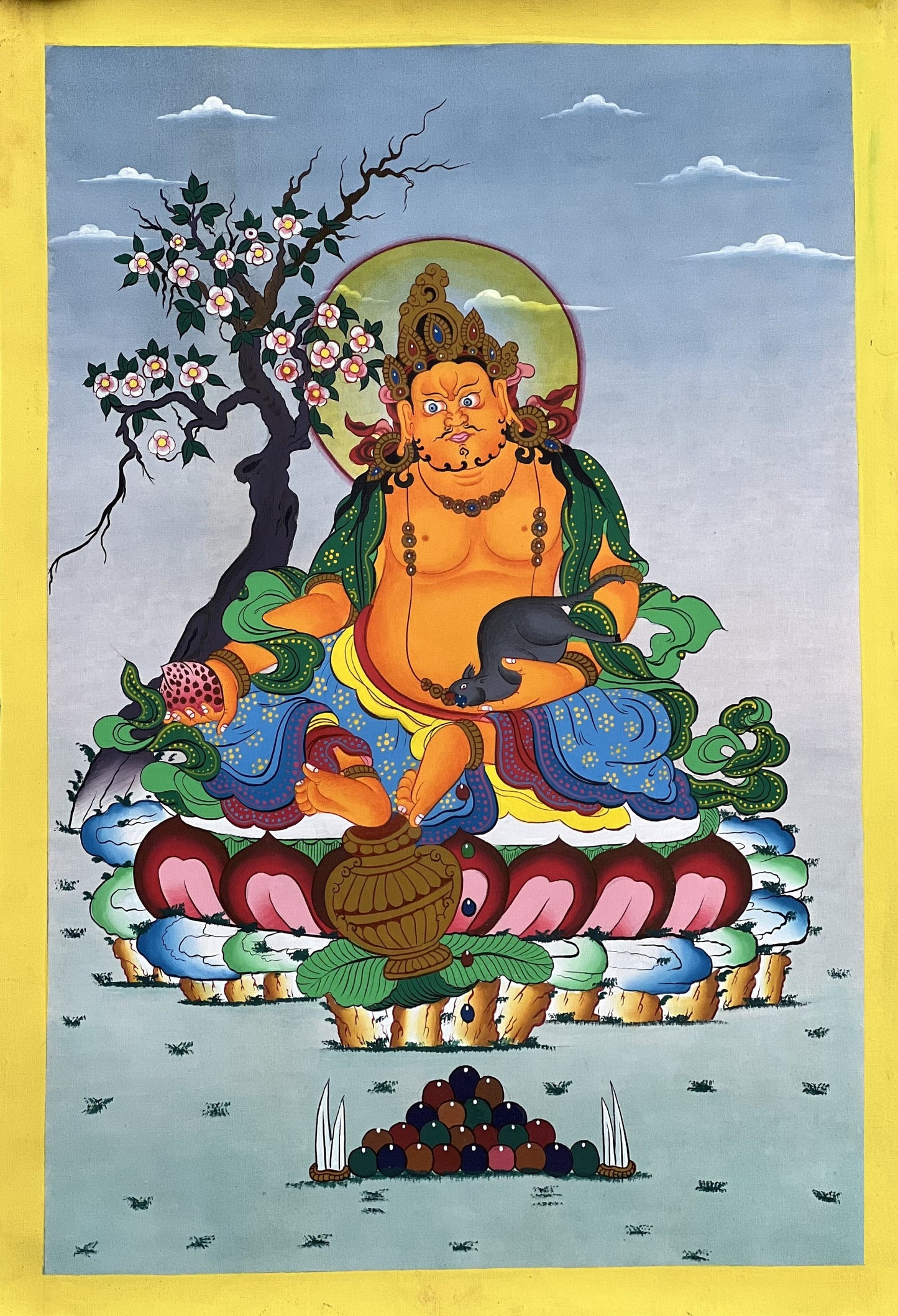 Jambhala/  Dzambhala/ Dzambala/ Zambala /Jambala/ Kubera God of Wealth Original Masterpiece Newari Paubha Style Tibetan Thangka Painting