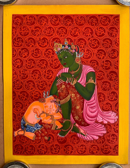 Mother Parvati with Ganesha Original Masterpiece Newari Paubha/ Thangka Painting Hindu Buddhist Art