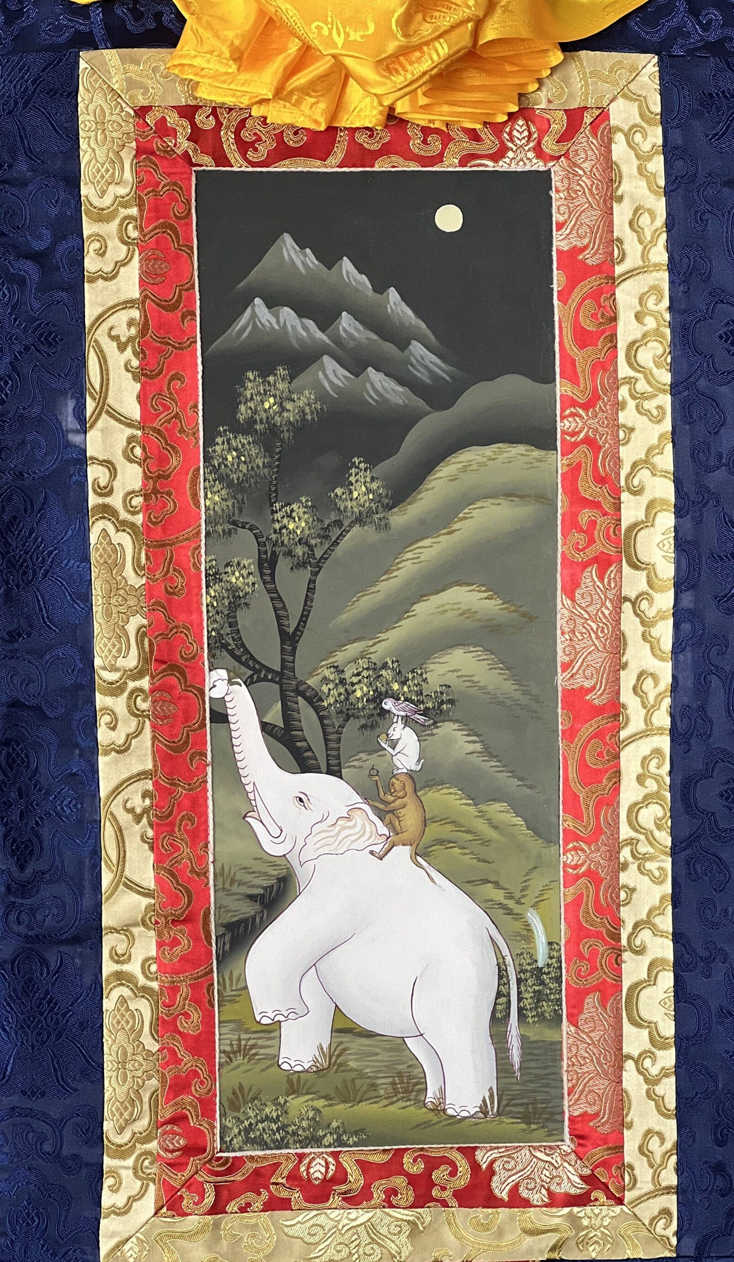 Four Harmonious Friend, Traditional Newari Paubha Good Luck Harmoney, Thangka Painting, Original Hand-painted, Art with Silk Frame