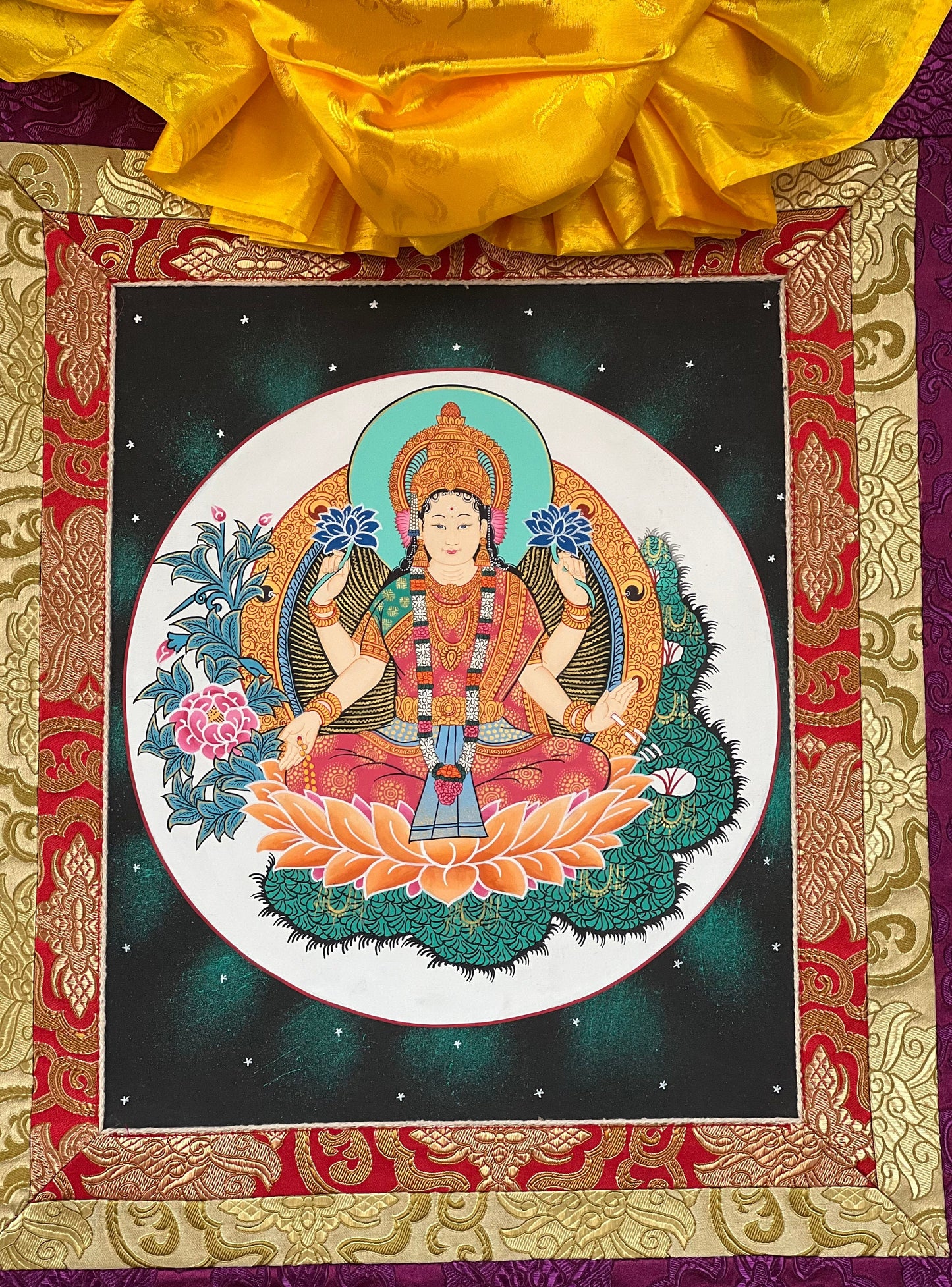 Goddess Laxmi/ Asta Laxmi/ Mahalaxmi/ Goddess of Wealth and Prosperity Thangka Painting, Original Hindu Buddhist Art with Silk Frame