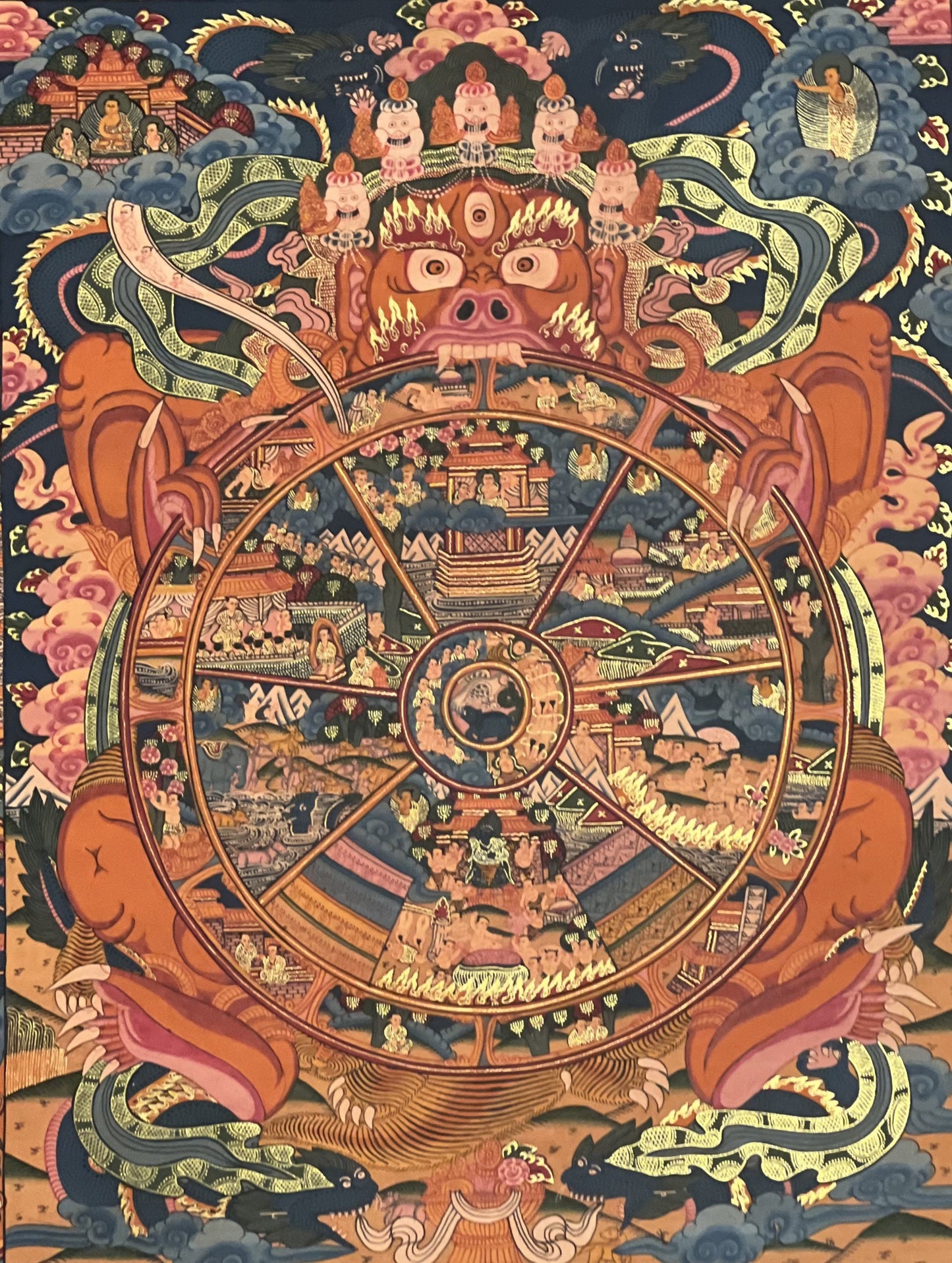 Hand Painted Wheel of Life/ Bhavacakra/ Samsaracakra Mandala Masterpiece Tibetan Thangka Painting Original Art