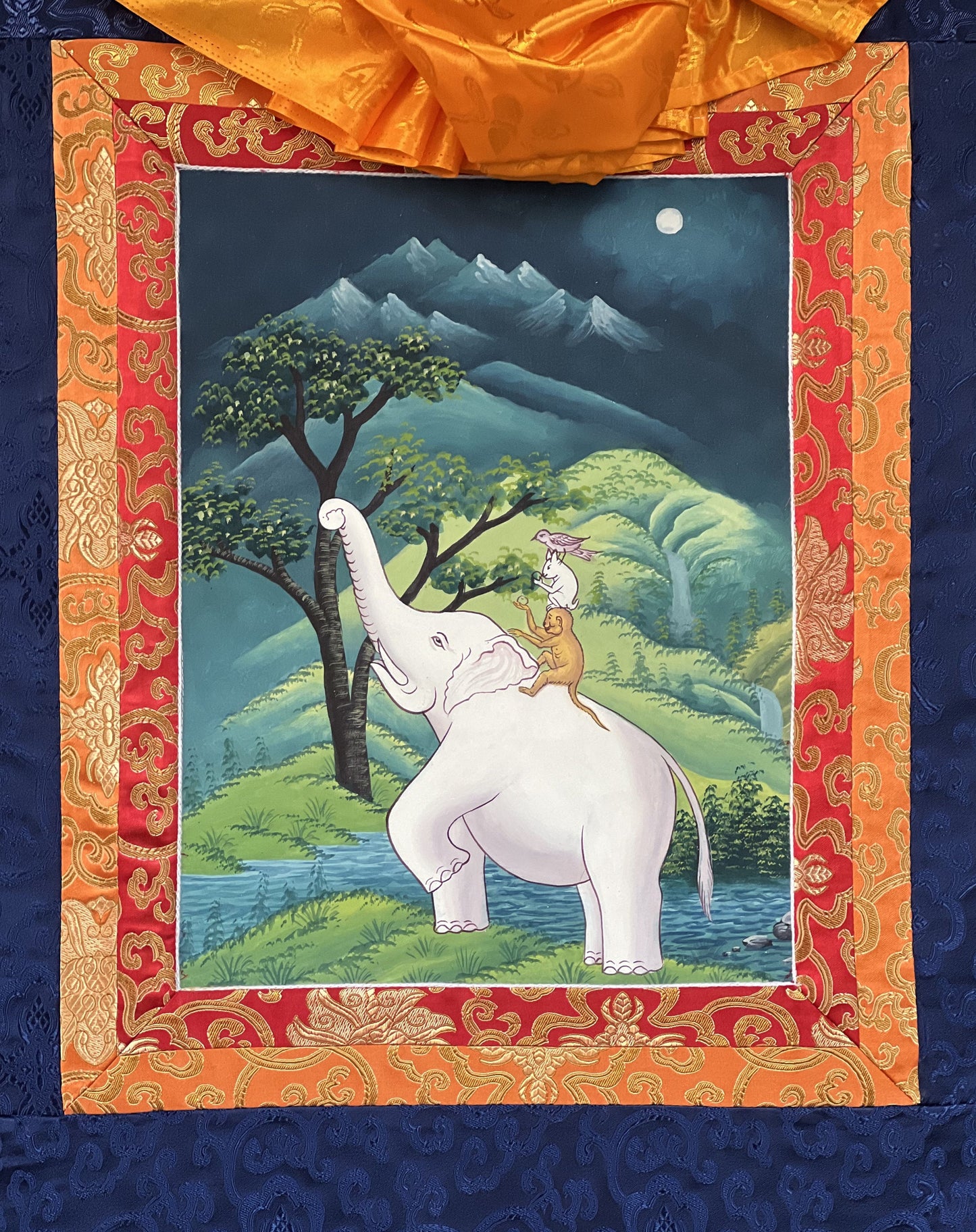 Four Harmonious Friend,  Newari Pauba, Good Luck, Harmony, Thangka Painting, Original Hand-painted, Art with Silk Frame